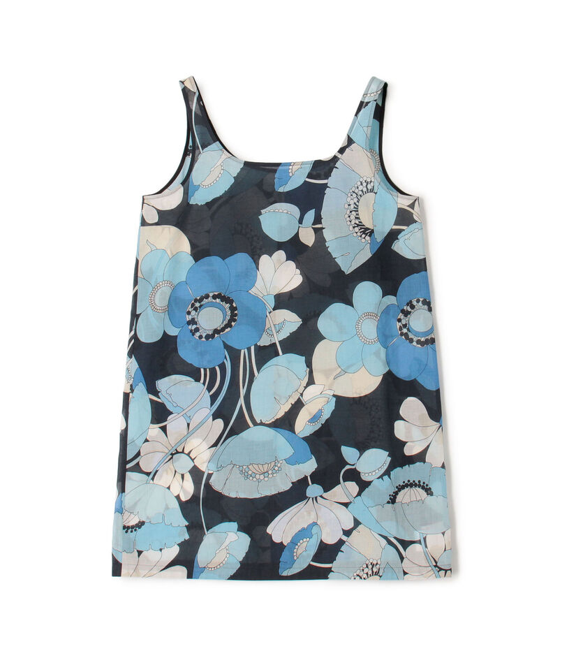 ブルーフラワープリント チュニックノースリーブブラウス