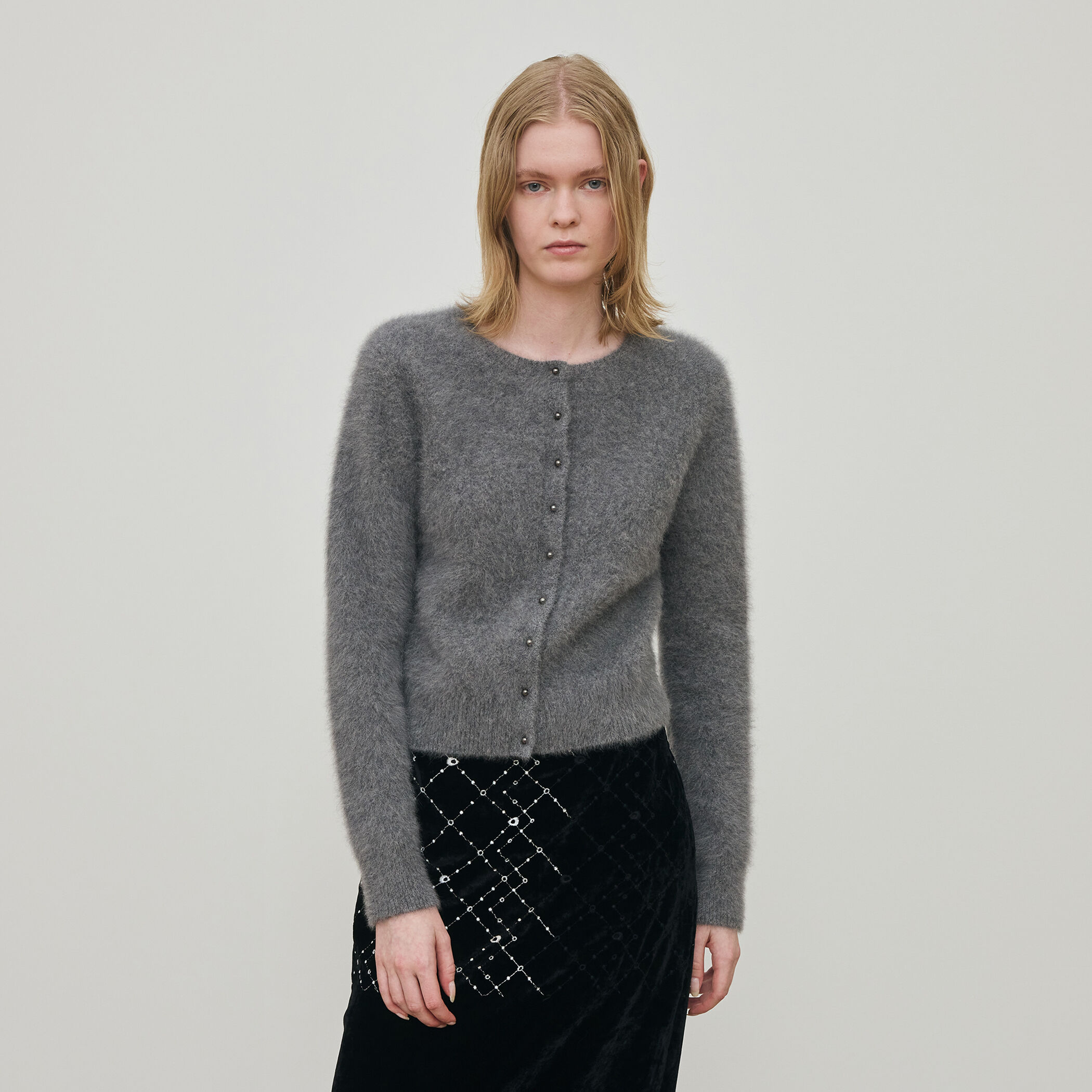 定価37400円　デプレ　フォックスカシミアクルーネックカーディガン　グレー 定価37400円 デプレ フォックスカシミアクルーネックカーディガン