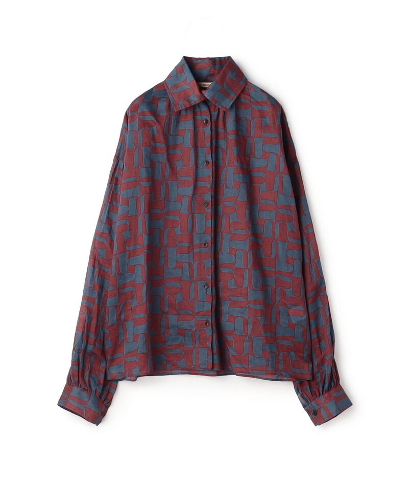 コットンオーガンジープリント ギャザースリーブシャツ