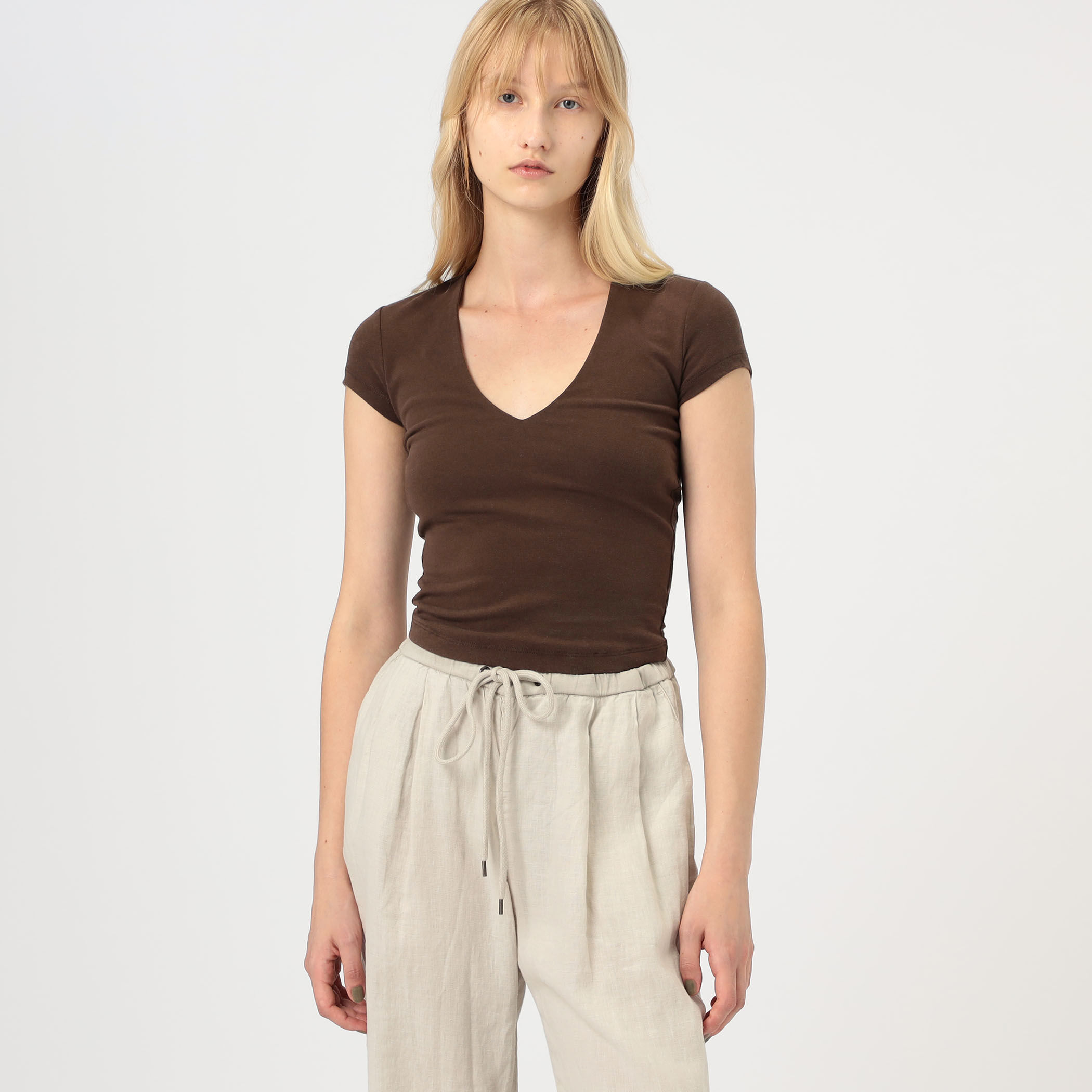 コットンストレッチ ディープVネックTシャツ WLSR3034