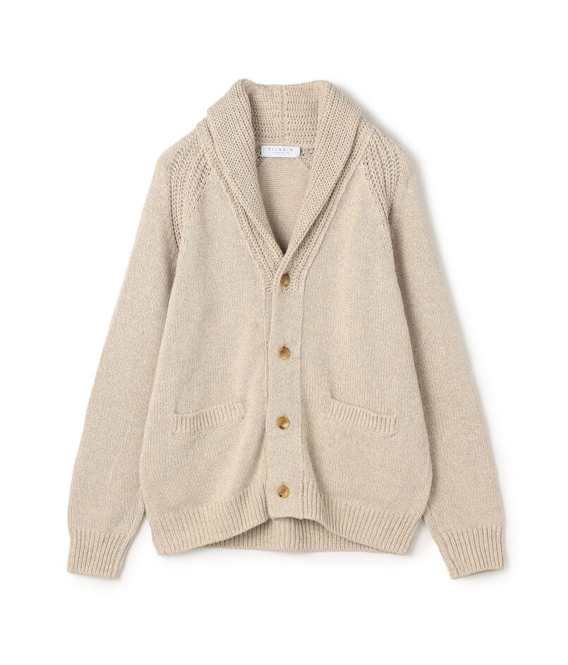 リネンコットン ショールカラー ニットカーディガン