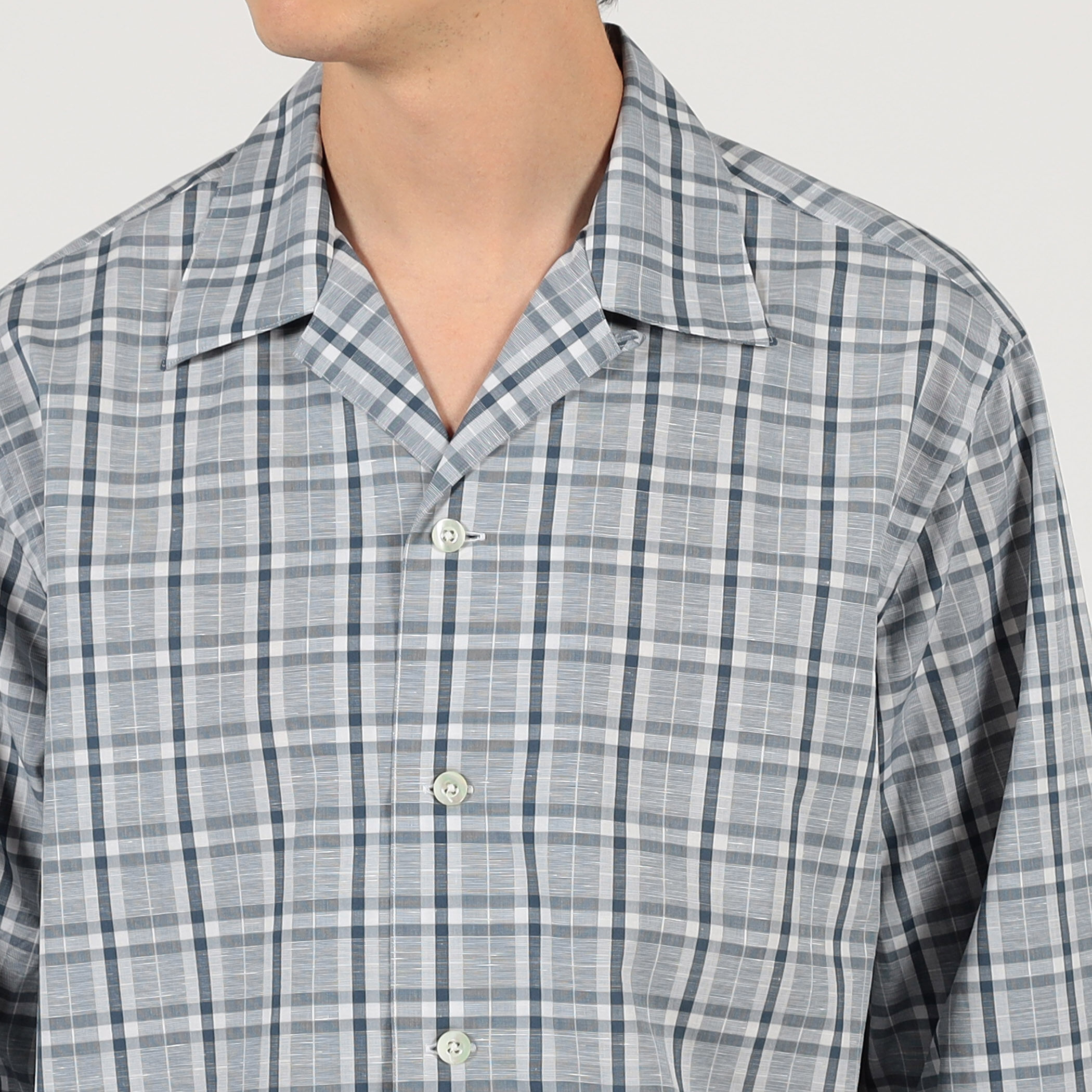 コットンリネン オープンカラーロングスリーブ チェックシャツ ALUMO