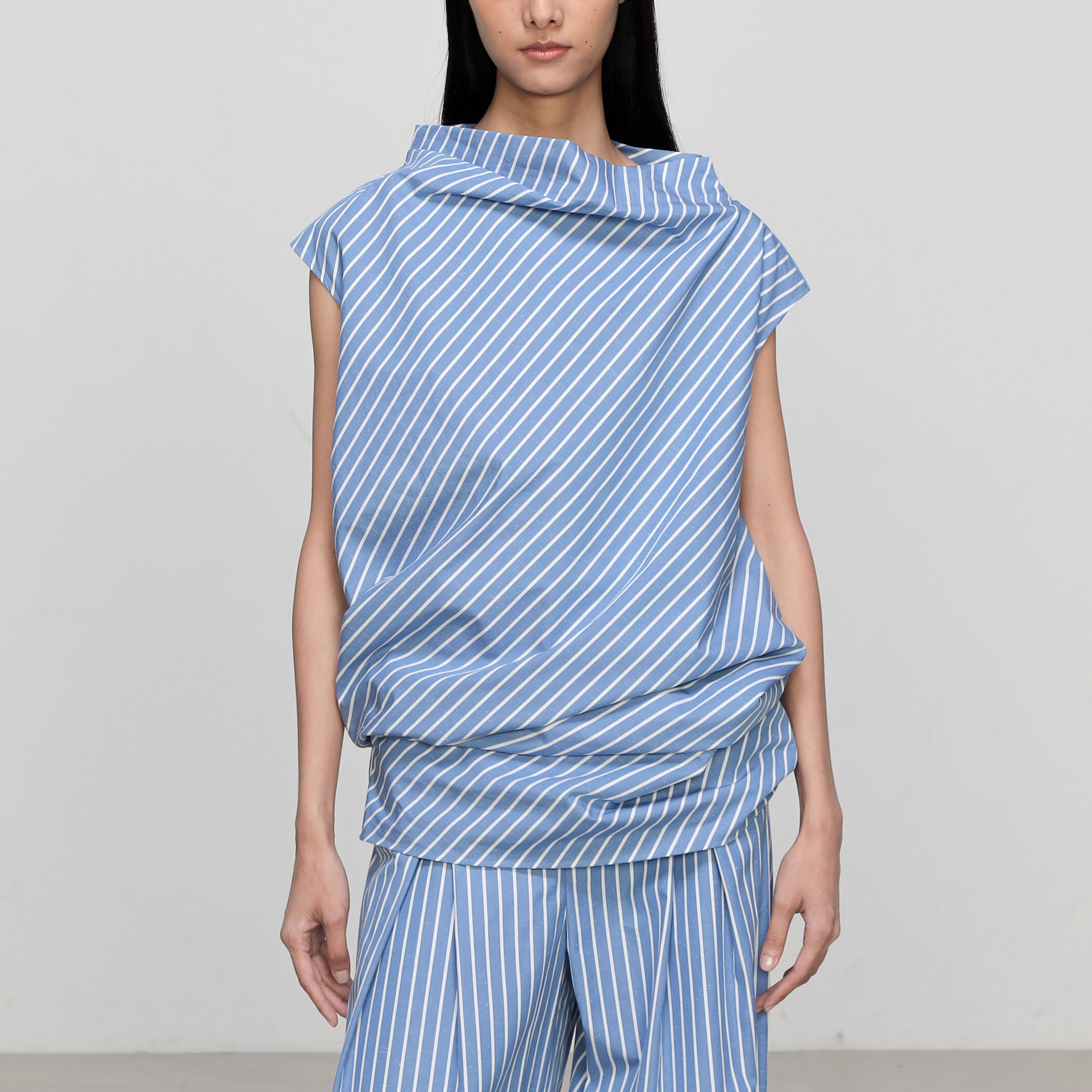 マシュー アダムス ドーラン Pleat Front ブラウス ストライプ ティアナ ルーシュストライプ ブラウス｜Merlette(マーレット