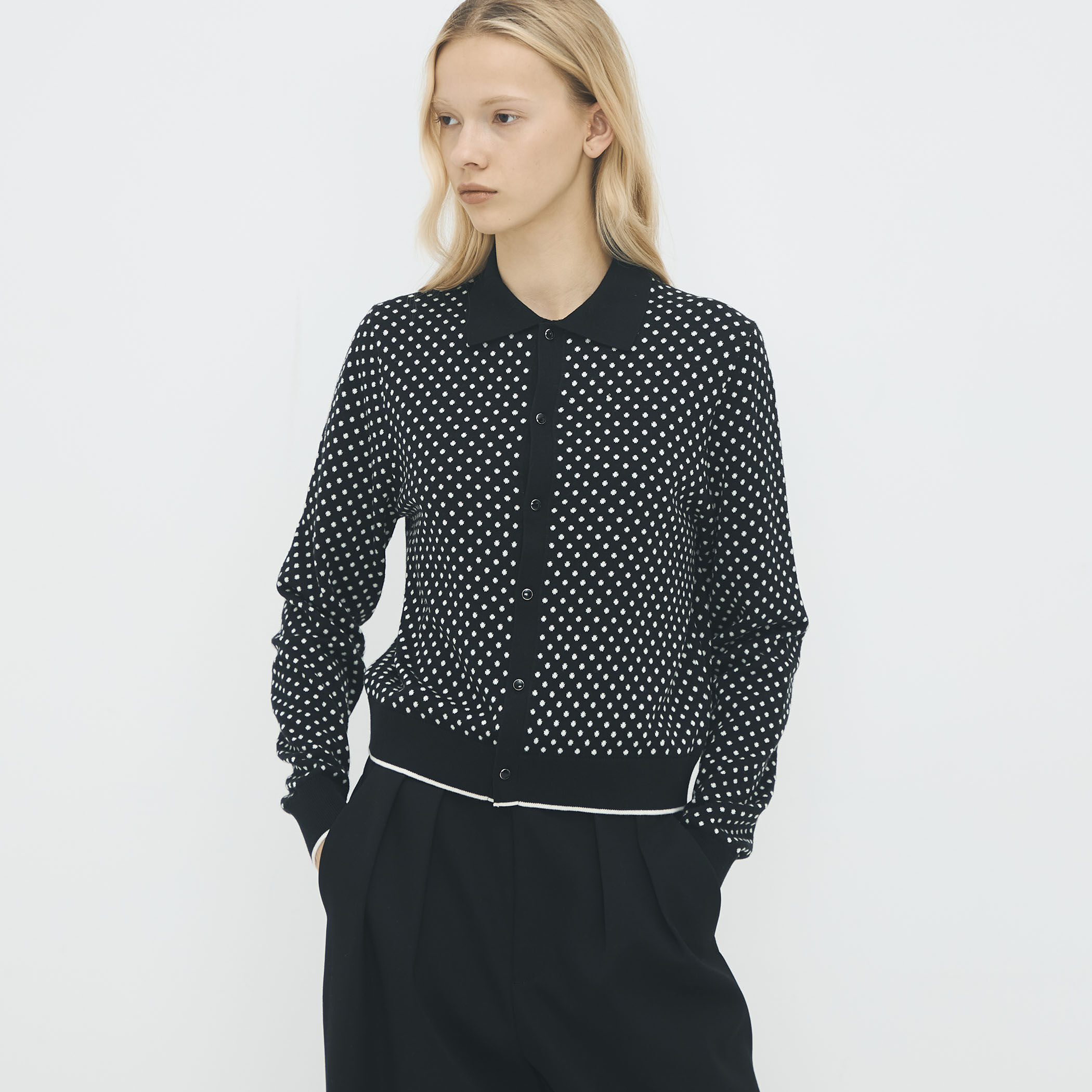 コットンカシミヤ ドットジャカードポロカーディガン