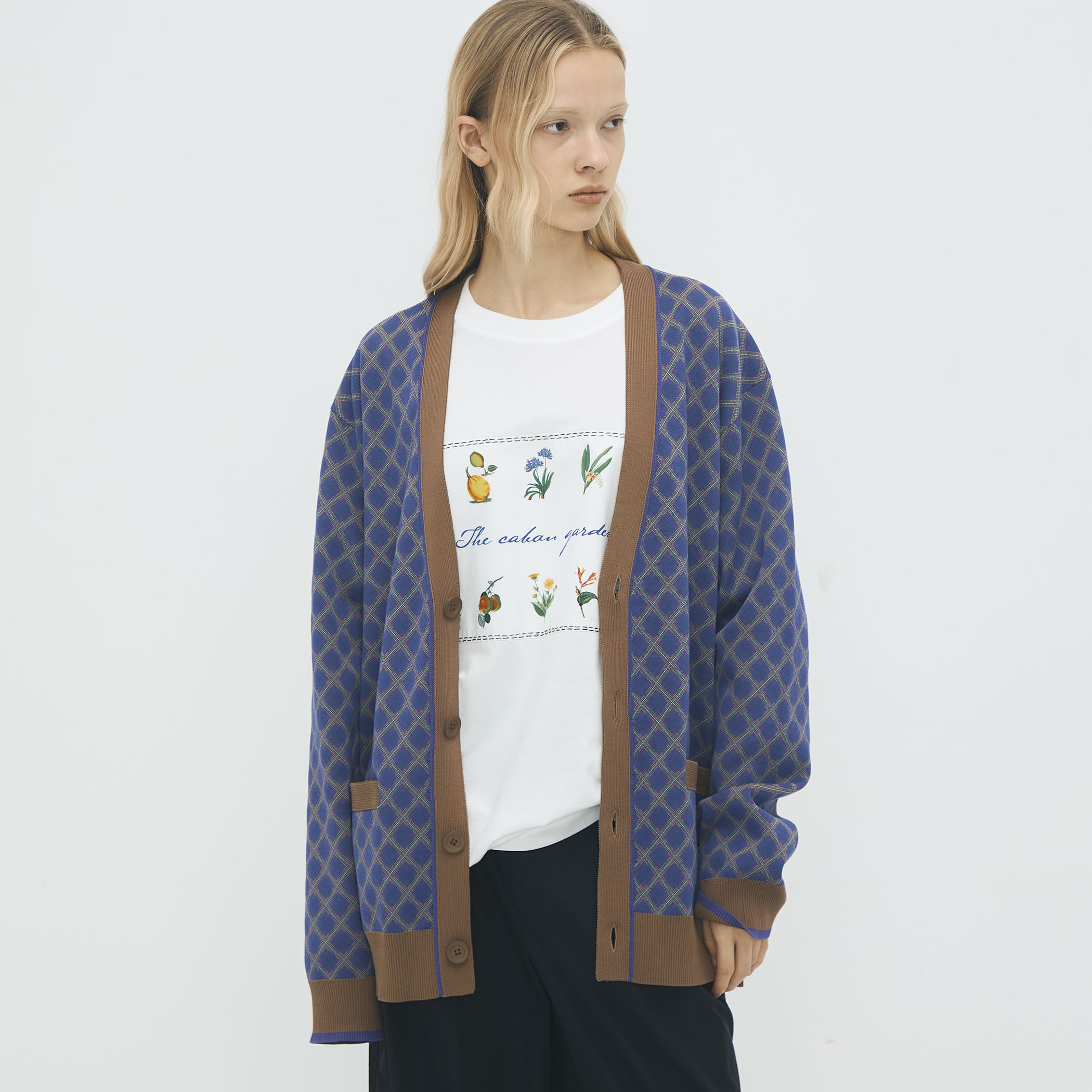 【新作】CABaNコットンポリエステル チェックジャカードカーディガン コットンポリエステル チェックジャカード Vネックカーディガン