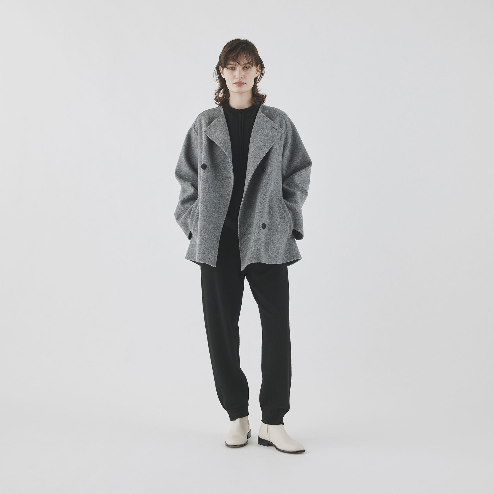 ウールダブルフェイス カラーレス ショートトレンチコート