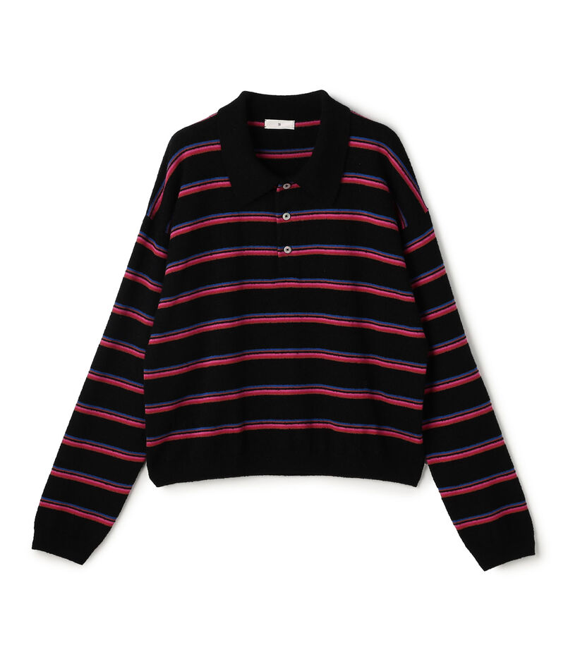 カシミヤシルク ボーダーポロプルオーバー