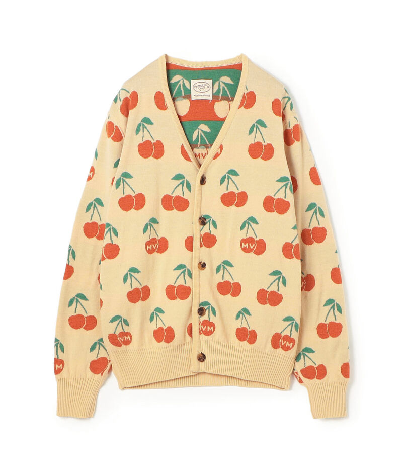 ウール チェリーモチーフ Vネックリバーシブルカーディガン