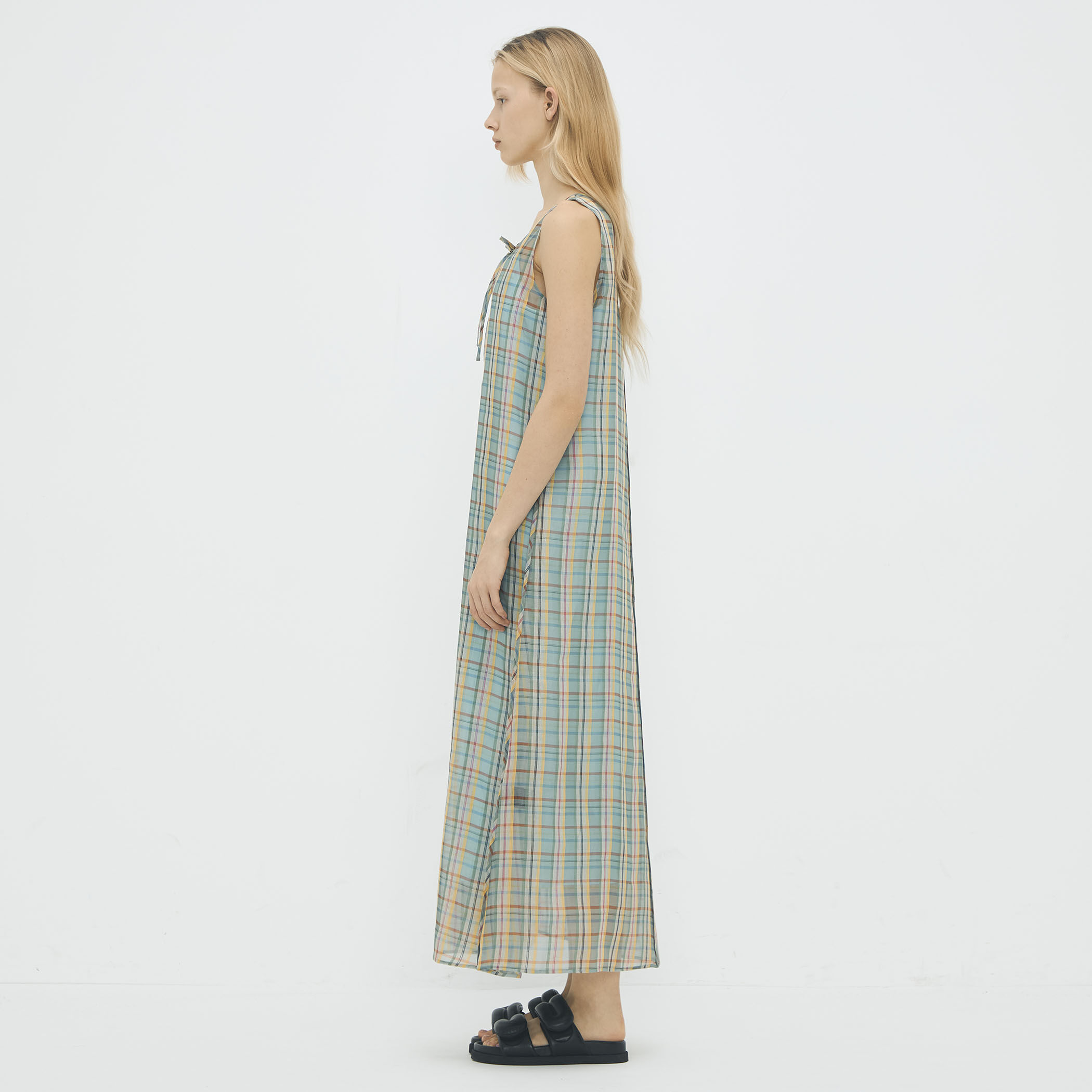 リネンシルクオーガンジーチェック フロンタブルワンピース