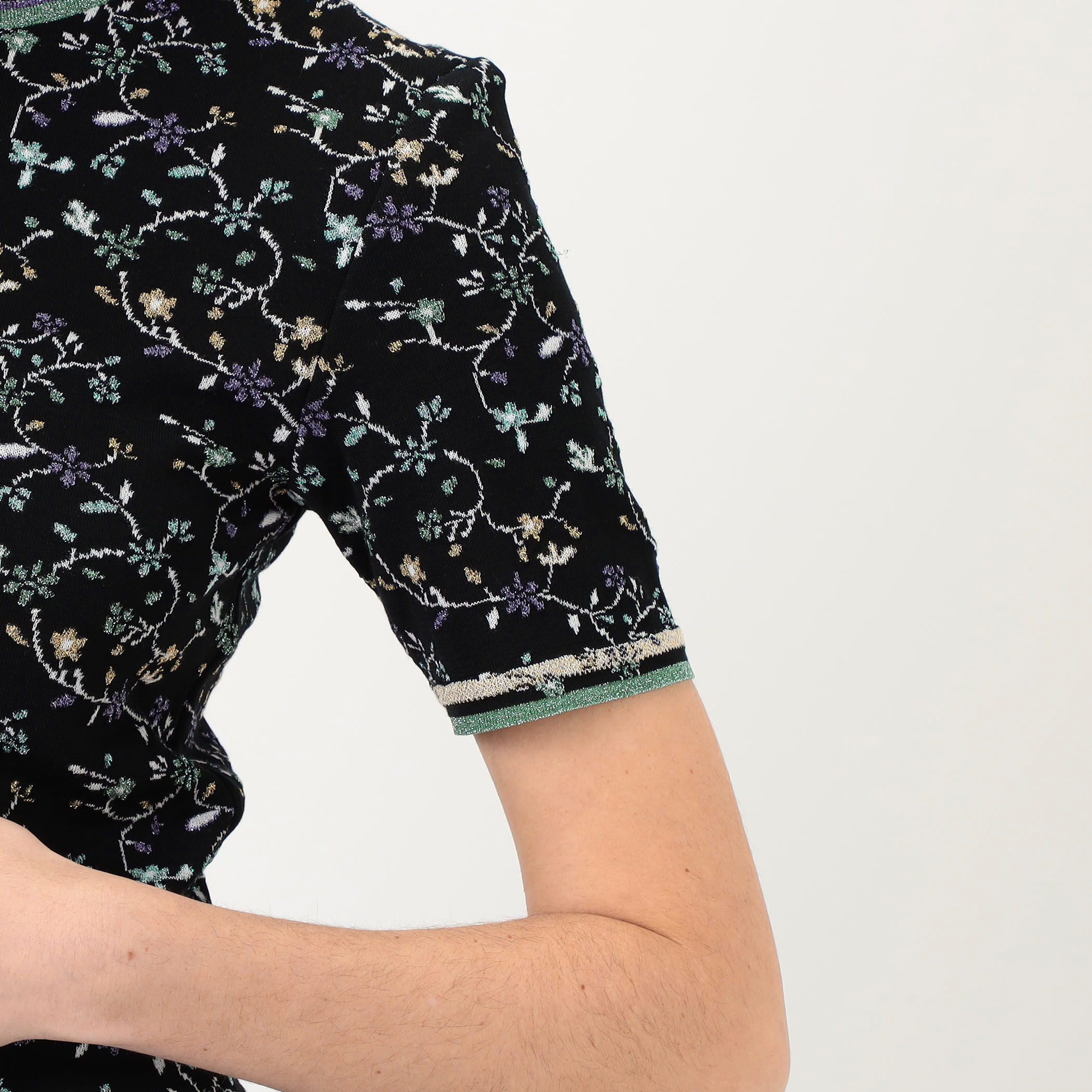 Mame Kurogouchi Floral Motif Glitter Short Sleeve Knit Top