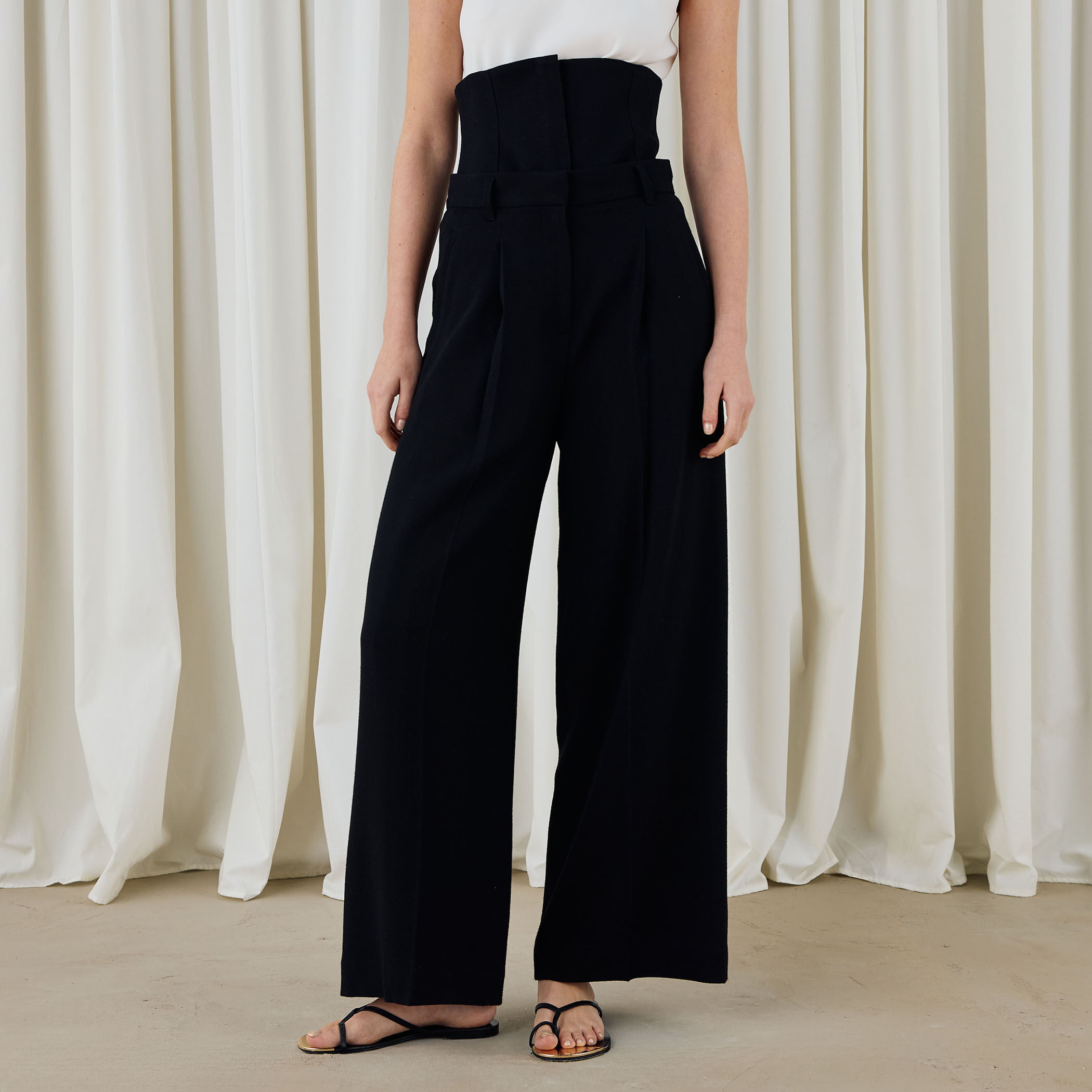 ウールジョーゼット コルセット付きタックワイドパンツ