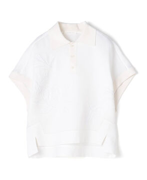 【WEB先行予約】リブコンビフレンチリネンエンブロイダリー ポロカラーブラウス