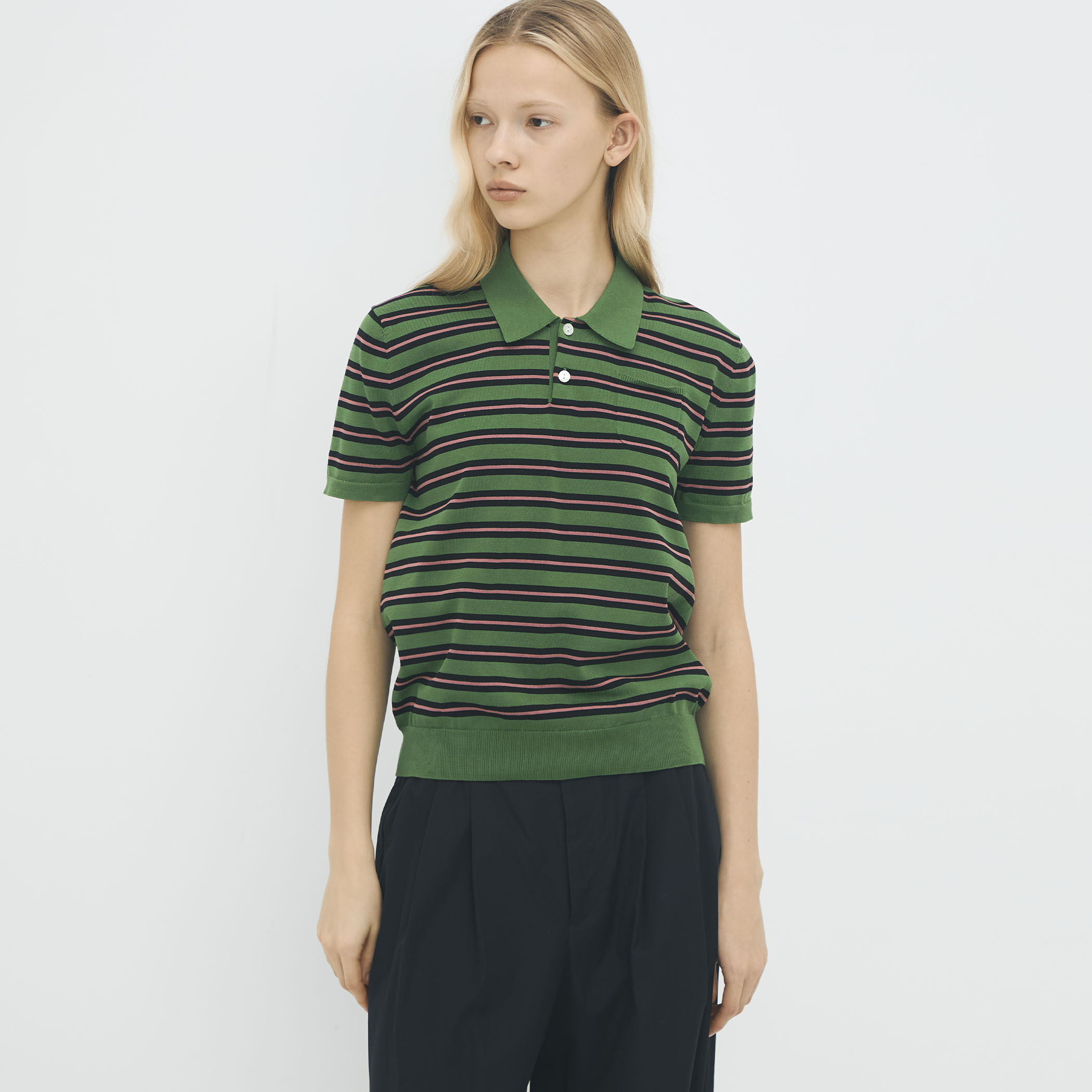 コットンストライプ ポロハーフスリーブプルオーバー