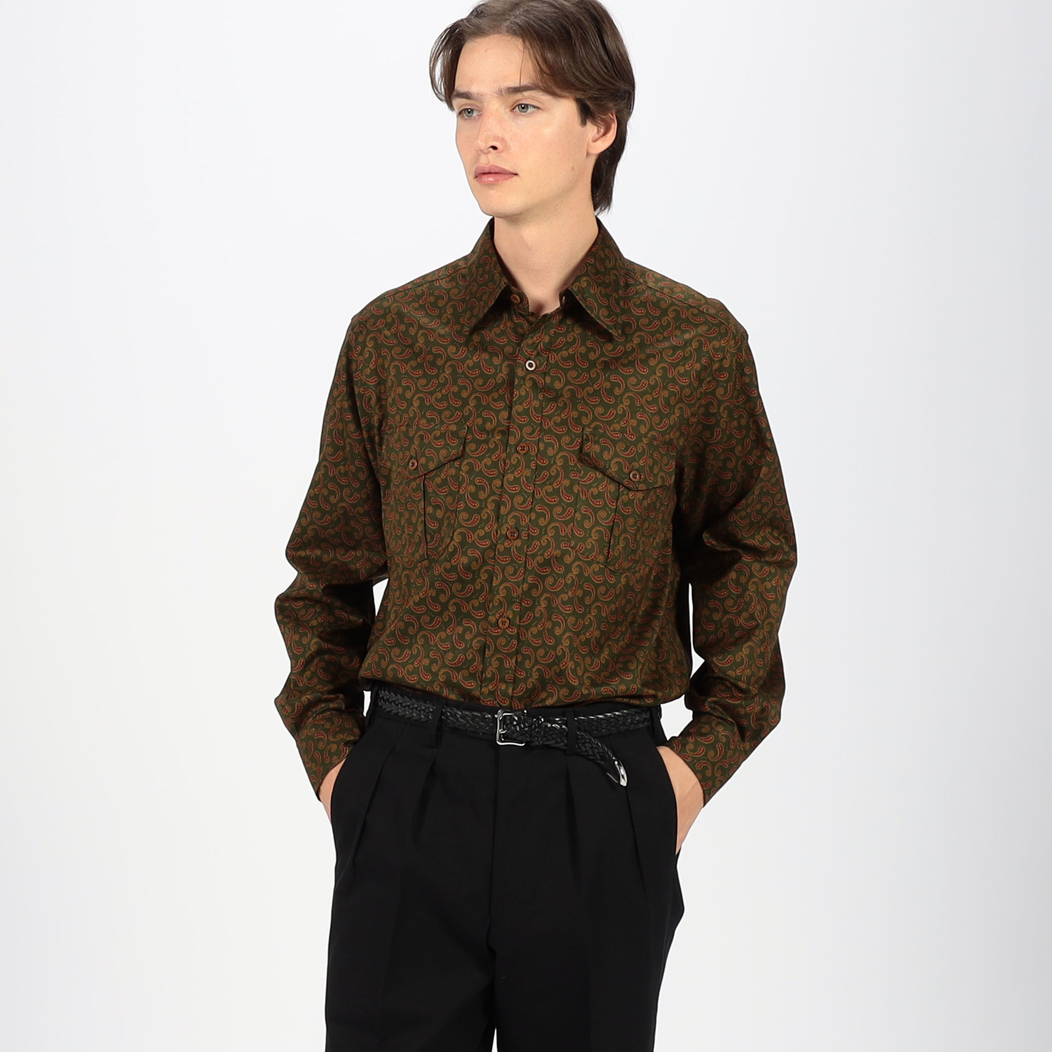 コットンツイル ペイズリープリント ダブルポケットレギュラーカラー