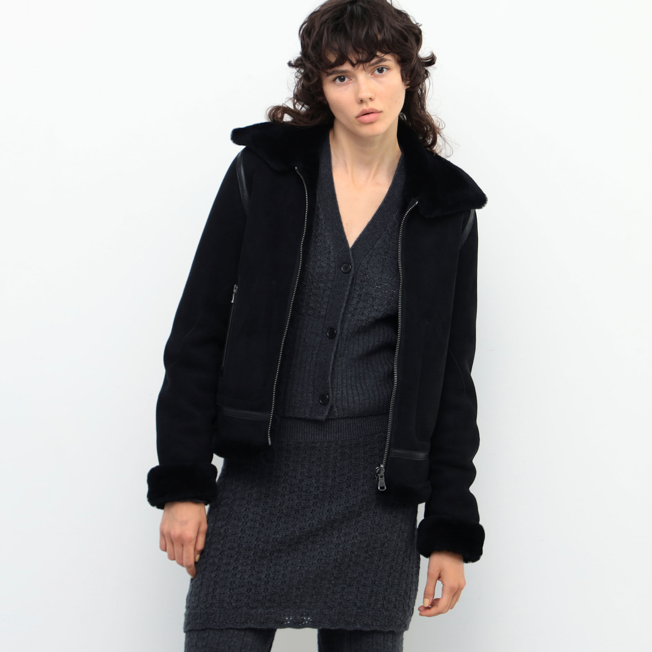 SPORTMAX スポーツマックス ラムレザームートンジャケット L 黒 ムートンジャケット メンズ レザージャケット ラム革 B-3 フライト