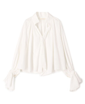 コットンストレッチポプリン ハイネックギャザーブラウス