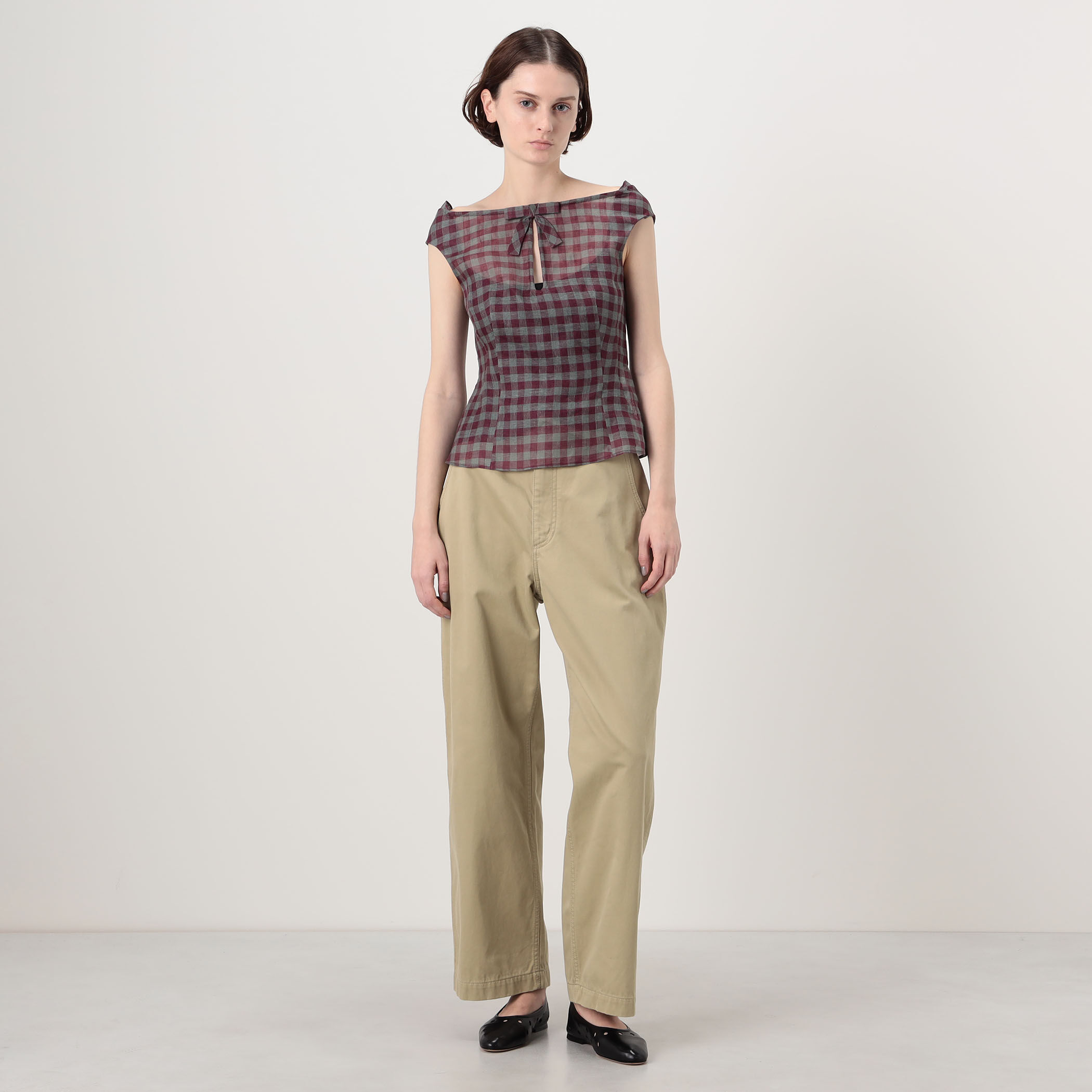 SHUSHU/TONG Keyhole Crop Top リネン チェックブラウス