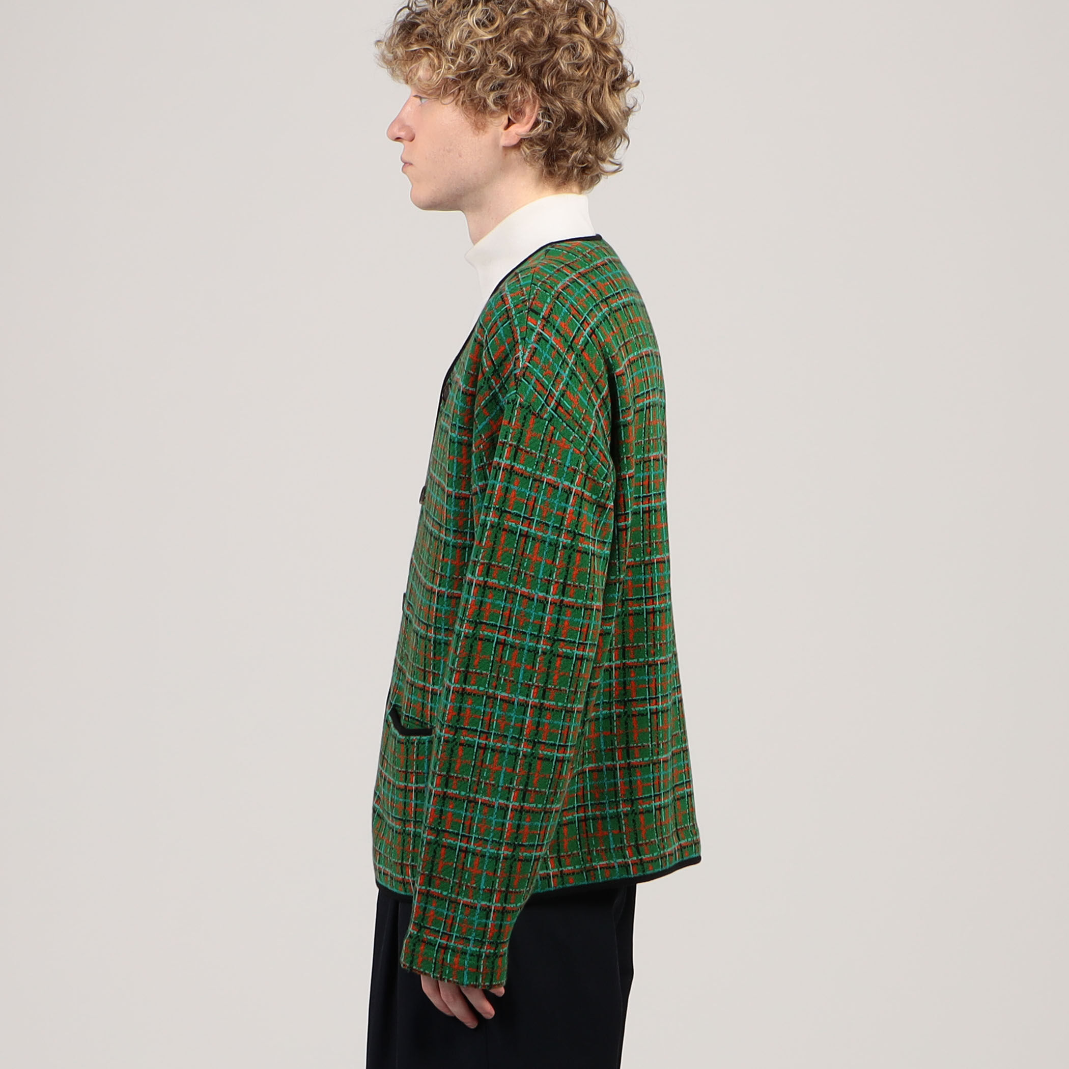 新品CABaNキャバンコットンカシミアチェックジャケット □CABaN コットンカシミヤ チェックジャカードVネックカーディガン