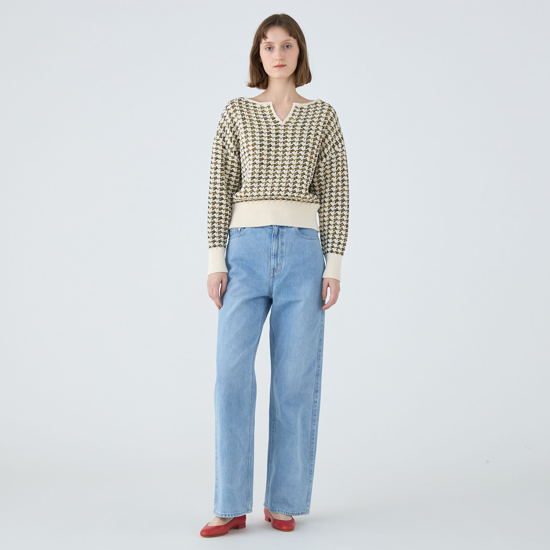 美品/  MACPHEE マカフィー 12-02-52-02206 ハウンドトゥース キーネック プルオーバー ニットセーター S  レディース MACPHEE 美品/ マカフィー 12-02-52-02206 ハウンドトゥース