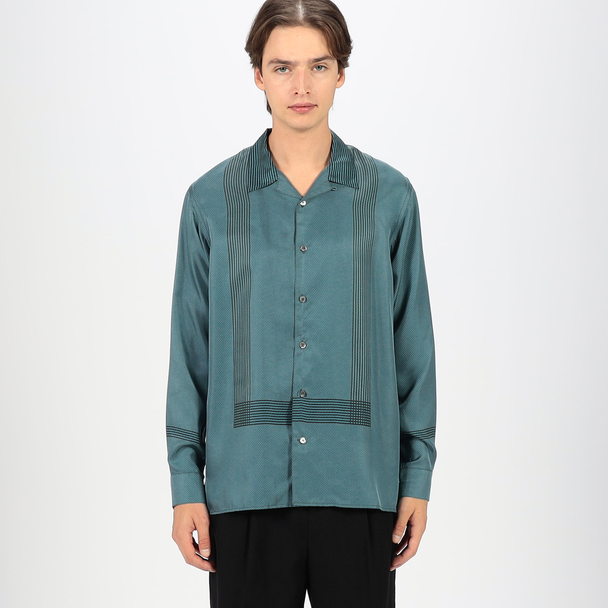 シルクツイル パネルプリント オープンカラーシャツ｜トゥモローランド