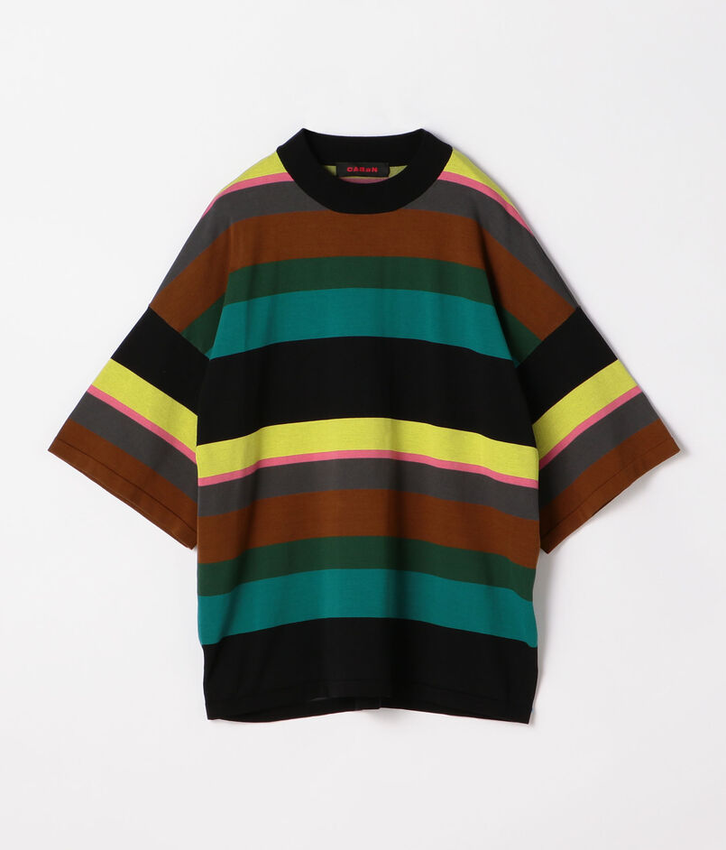 ■ストレッチコットン ビルドネックマルチストライププルオーバー