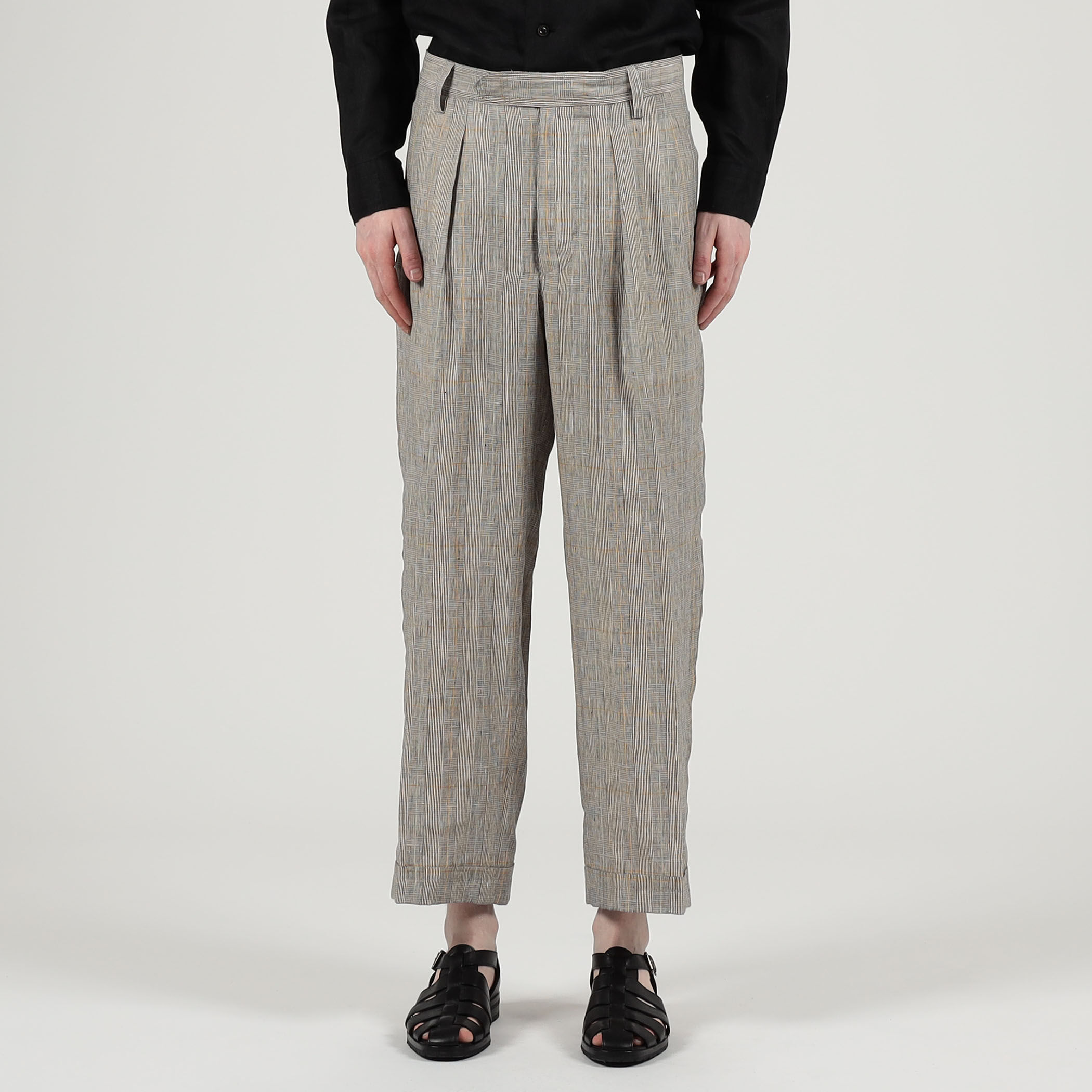 リネン グレンチェック 1タック ペグトップパンツ｜トゥモローランド