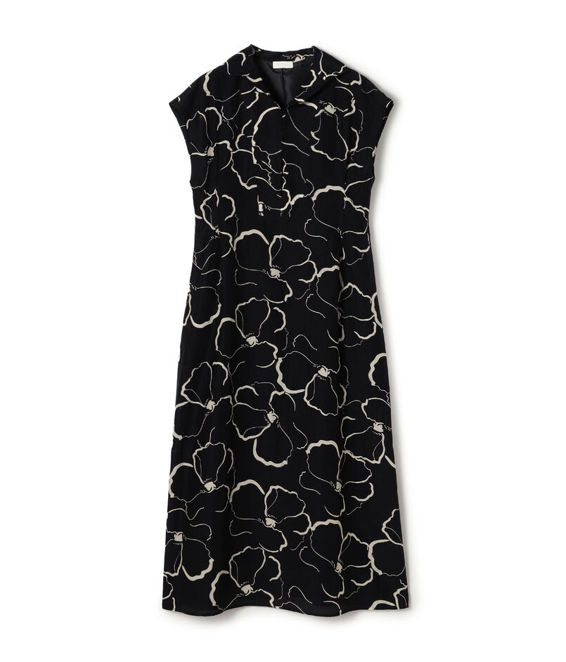 ドローイングフラワープリント スキッパーカラーワンピース