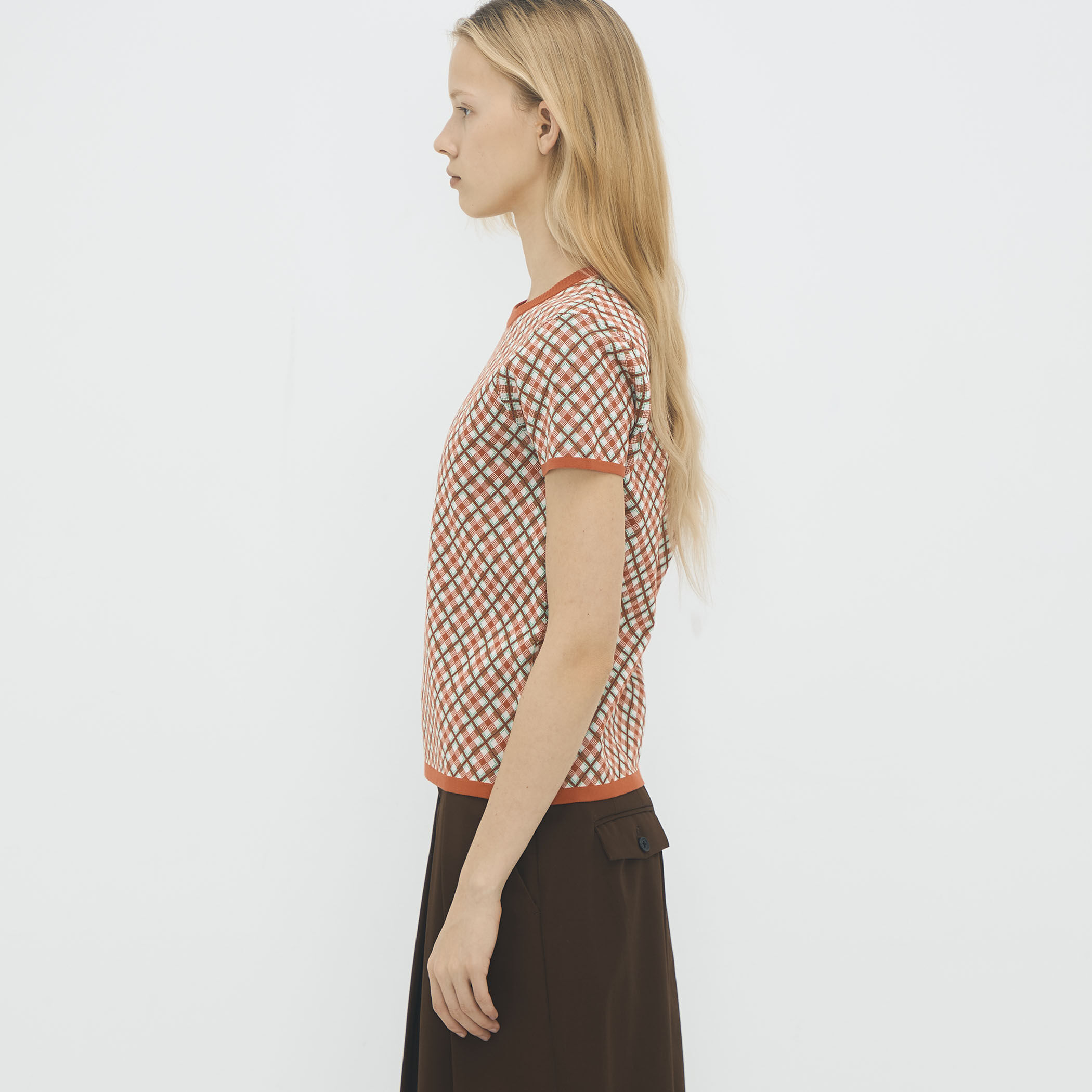 コットンポリエステル チェックジャカード ショートスリーブプル