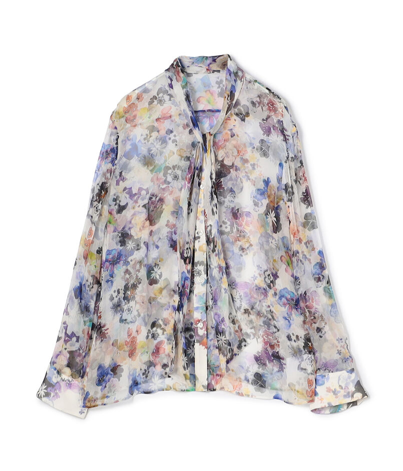 ブルームスケーププリント ボウタイナローブラウス