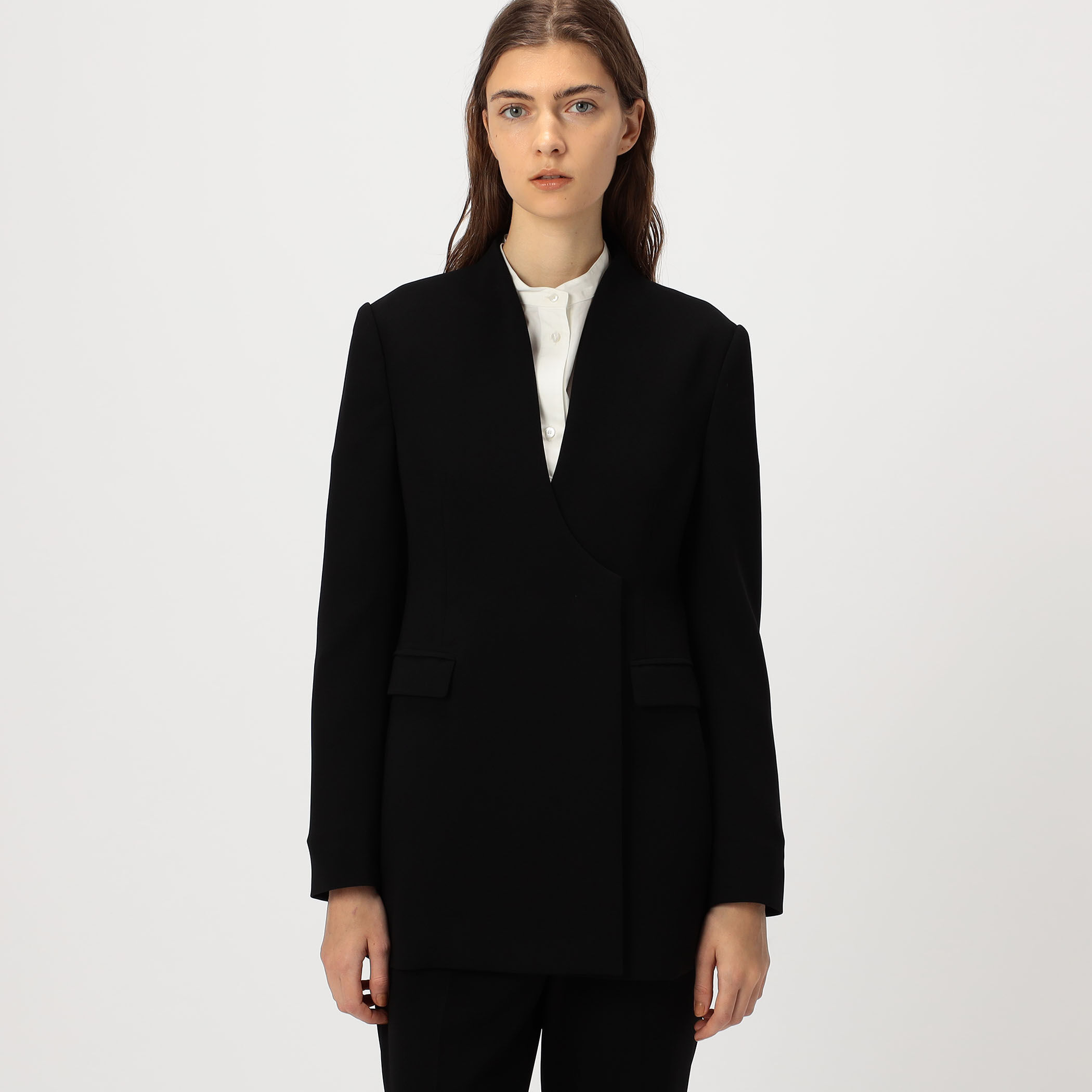 Mame Kurogouchi Collarless Double Breasted Suit Jacket