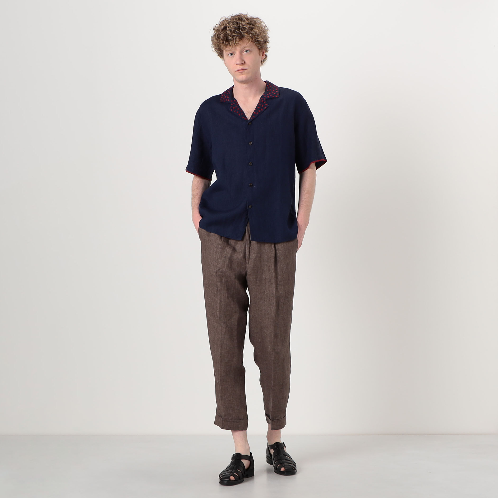 JUPE BY JACKIE Sasim Navy リネン エンブロイダリー オープンカラー