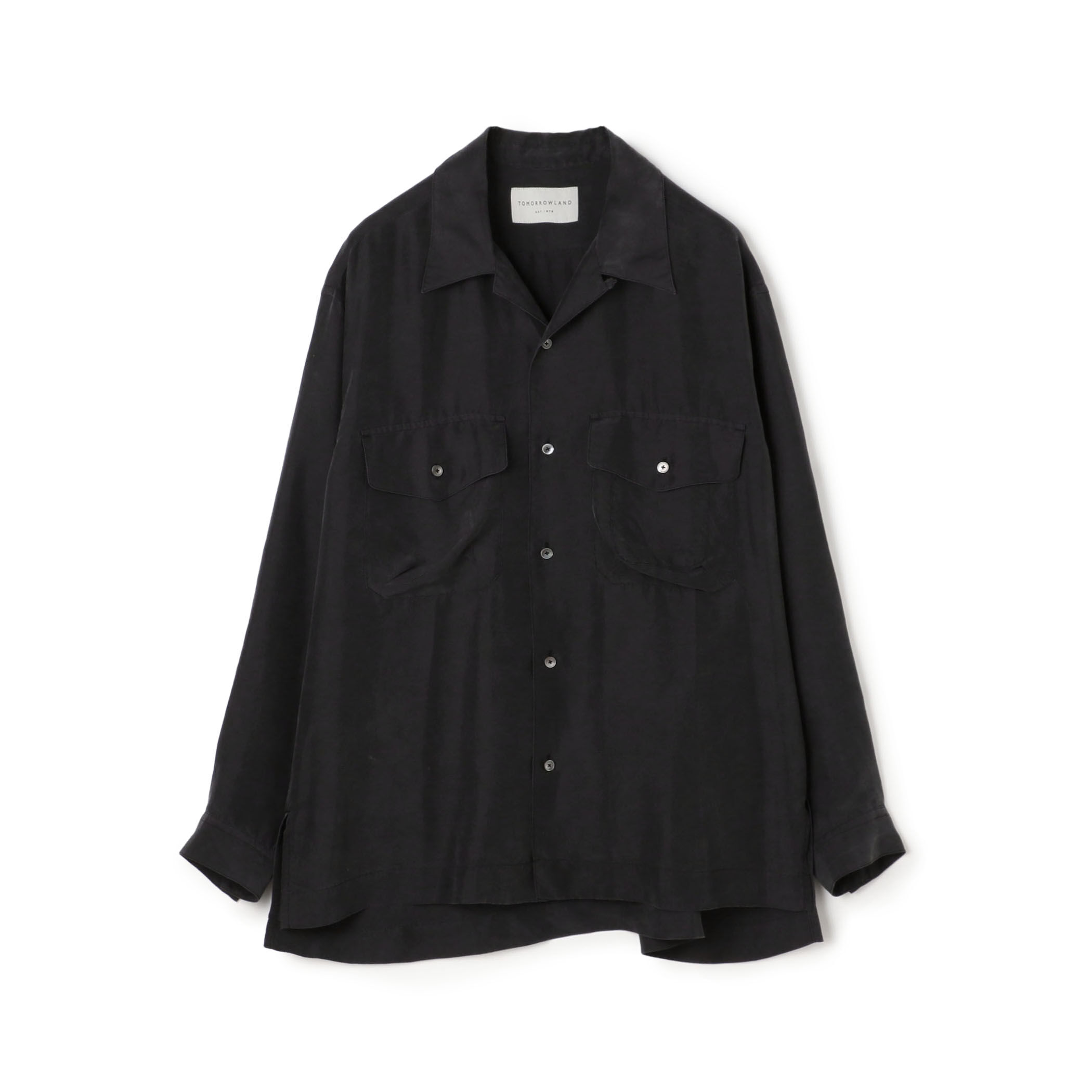 □シルク オープンカラー ダブルポケット ロングスリーブシャツ