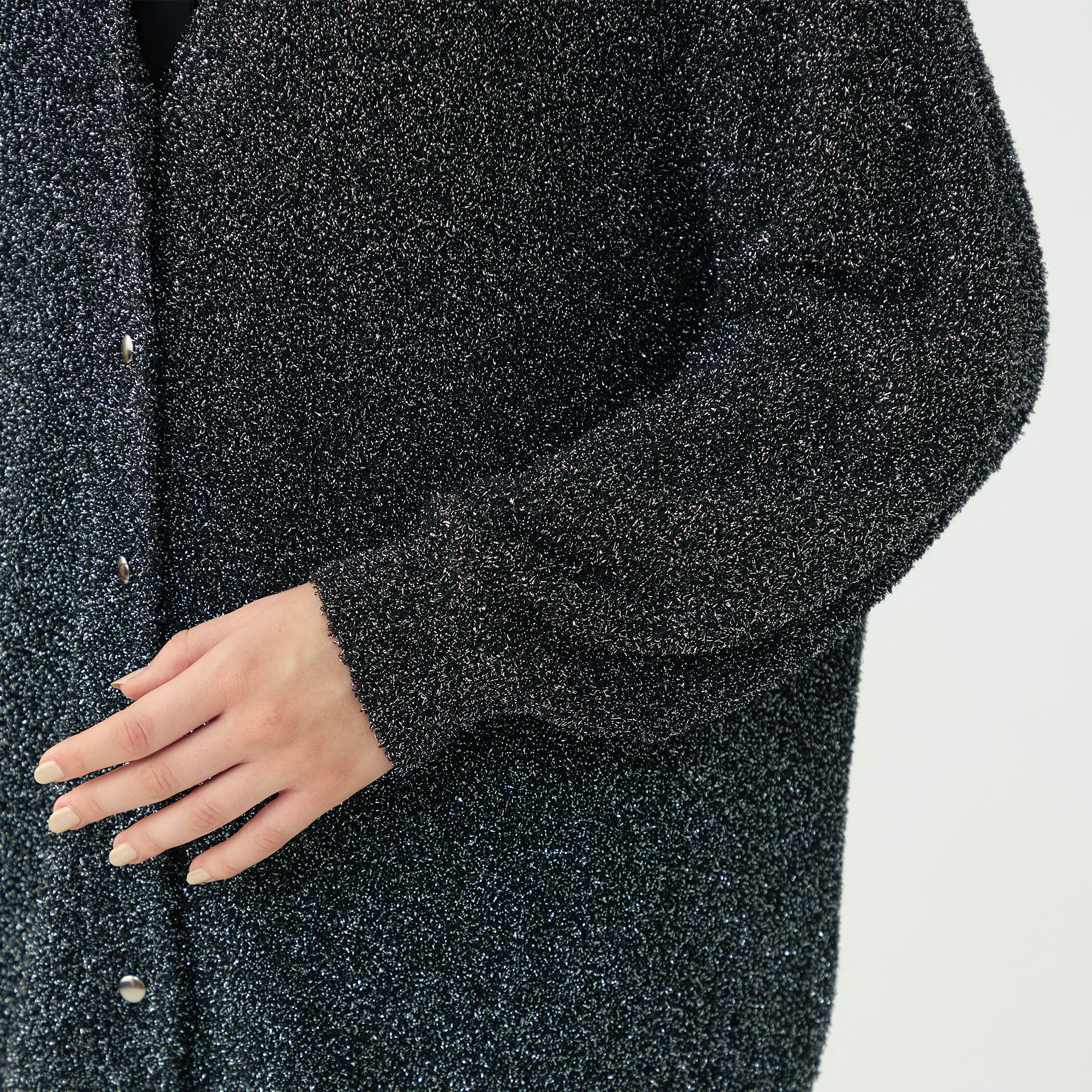 トゥモローランド　ボールジィ　ブークレーカーディガン(黒) ウールナイロンブークレー フロントオープンカーディガン