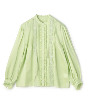コットンシルクサテン タック＆レースブラウス