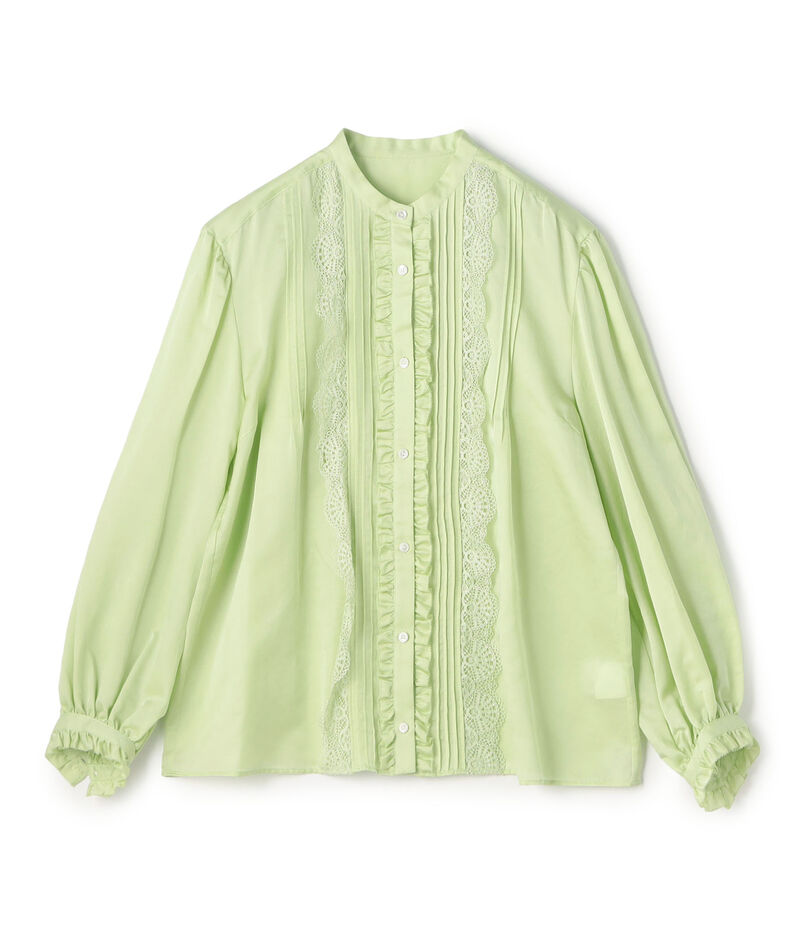 コットンシルクサテン タック＆レースブラウス