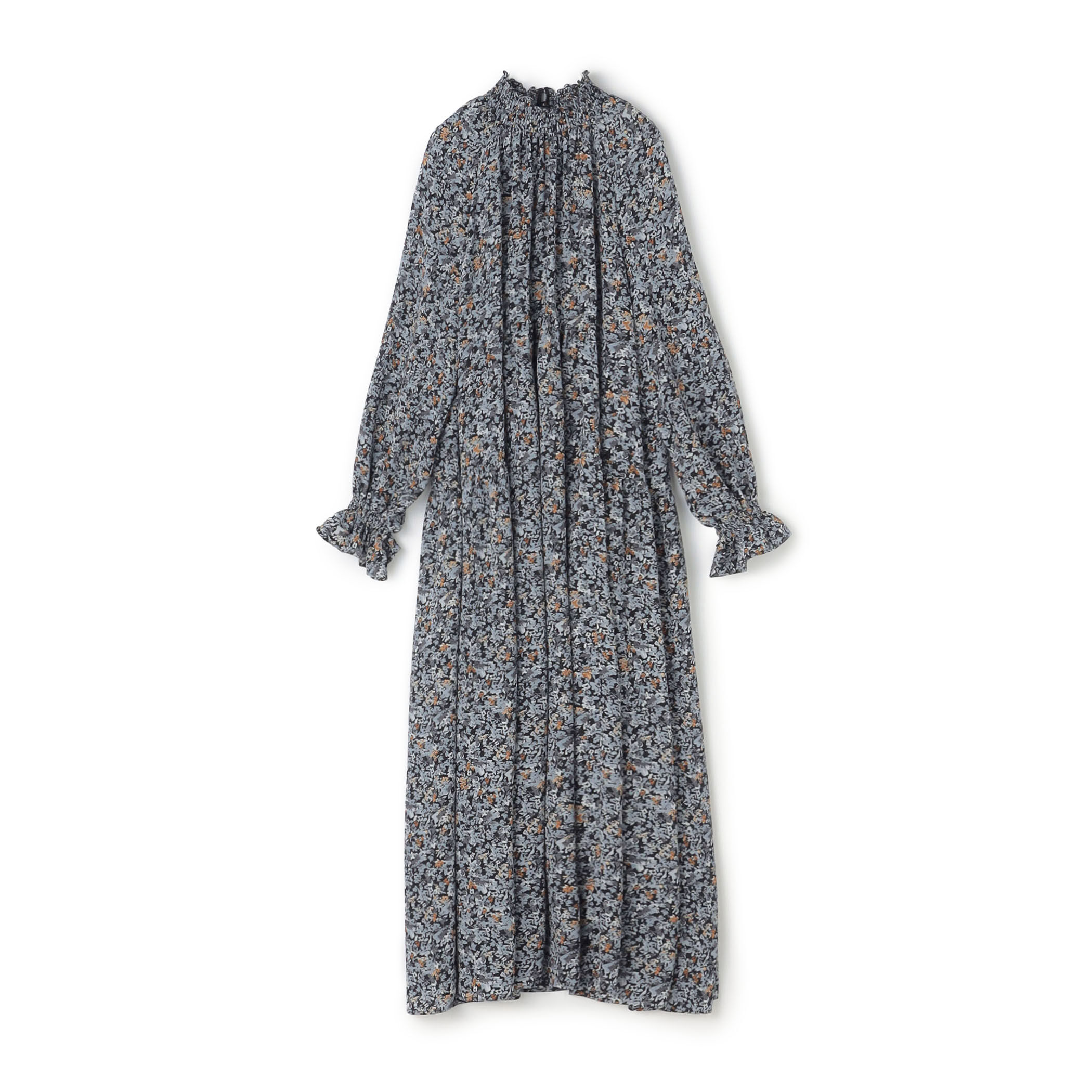 ブローフラワープリント シャーリングロングワンピース
