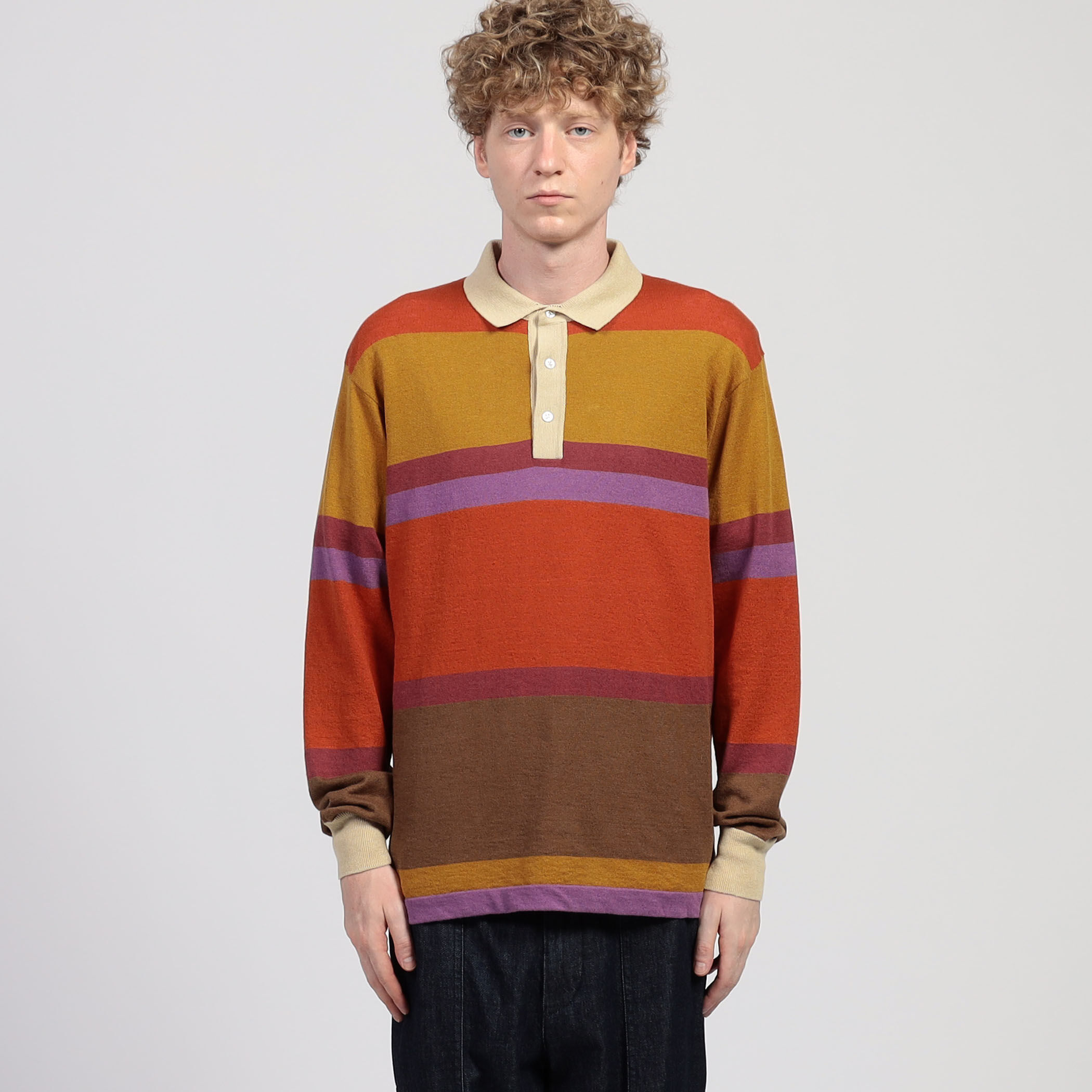 Drake's STRIPED KNITTED RUGBY コットンリネン ラグビーポロシャツ