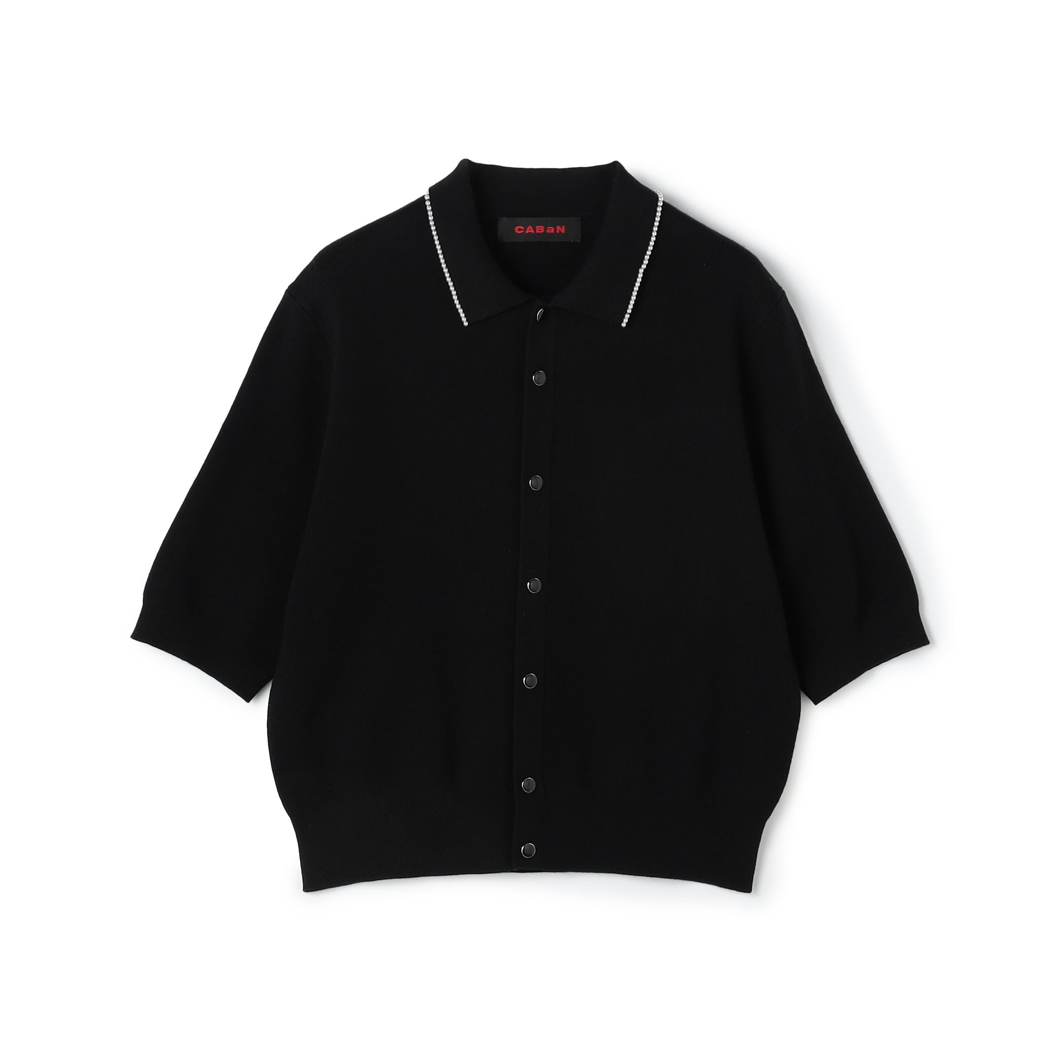 CABaN コットンカシミヤ パールロゴ ポロ カーディガン 襟付 ブラック コットンカシミヤ パールロゴポロカーディガン
