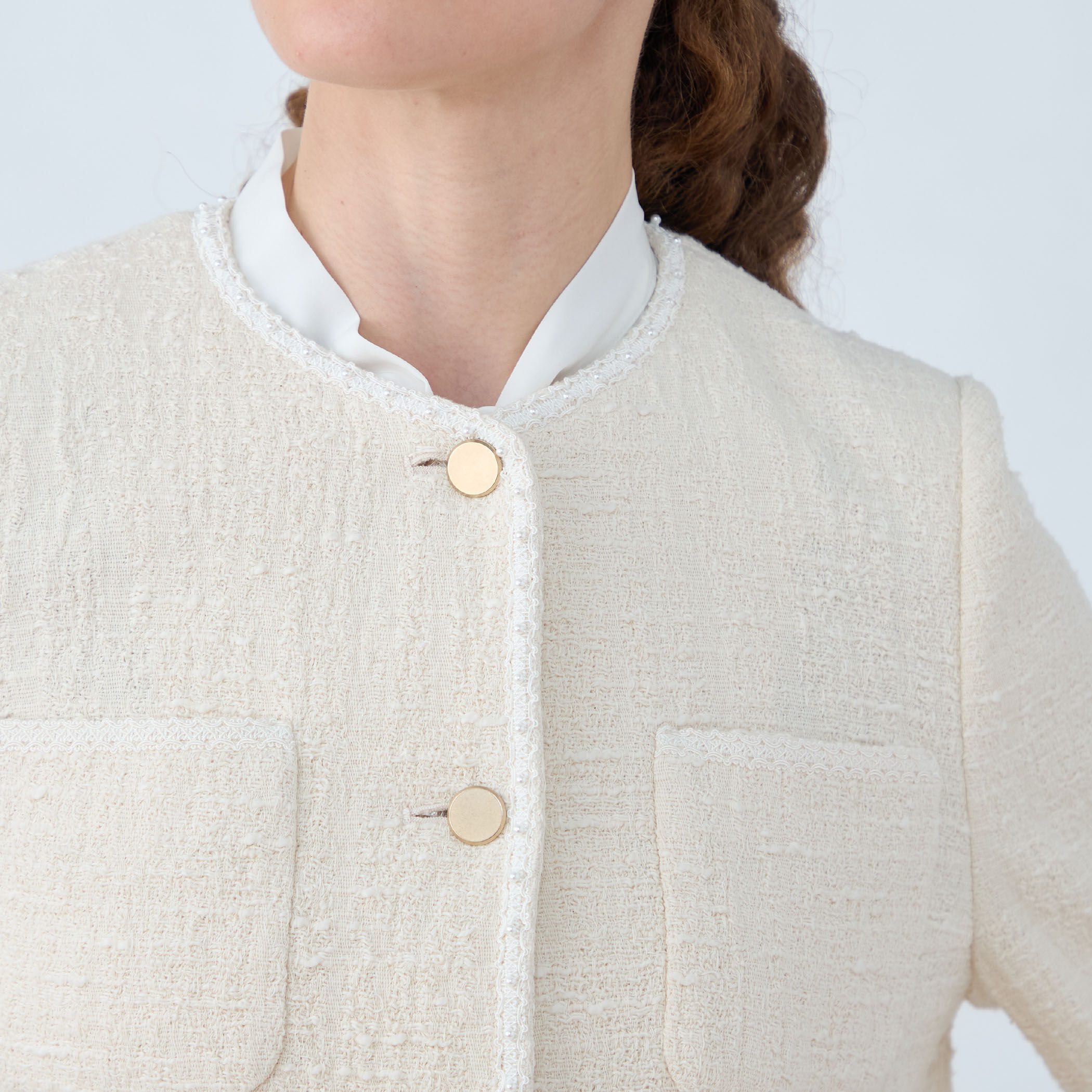 スラブコットンツイード Vクルーネックジャケット｜トゥモローランド