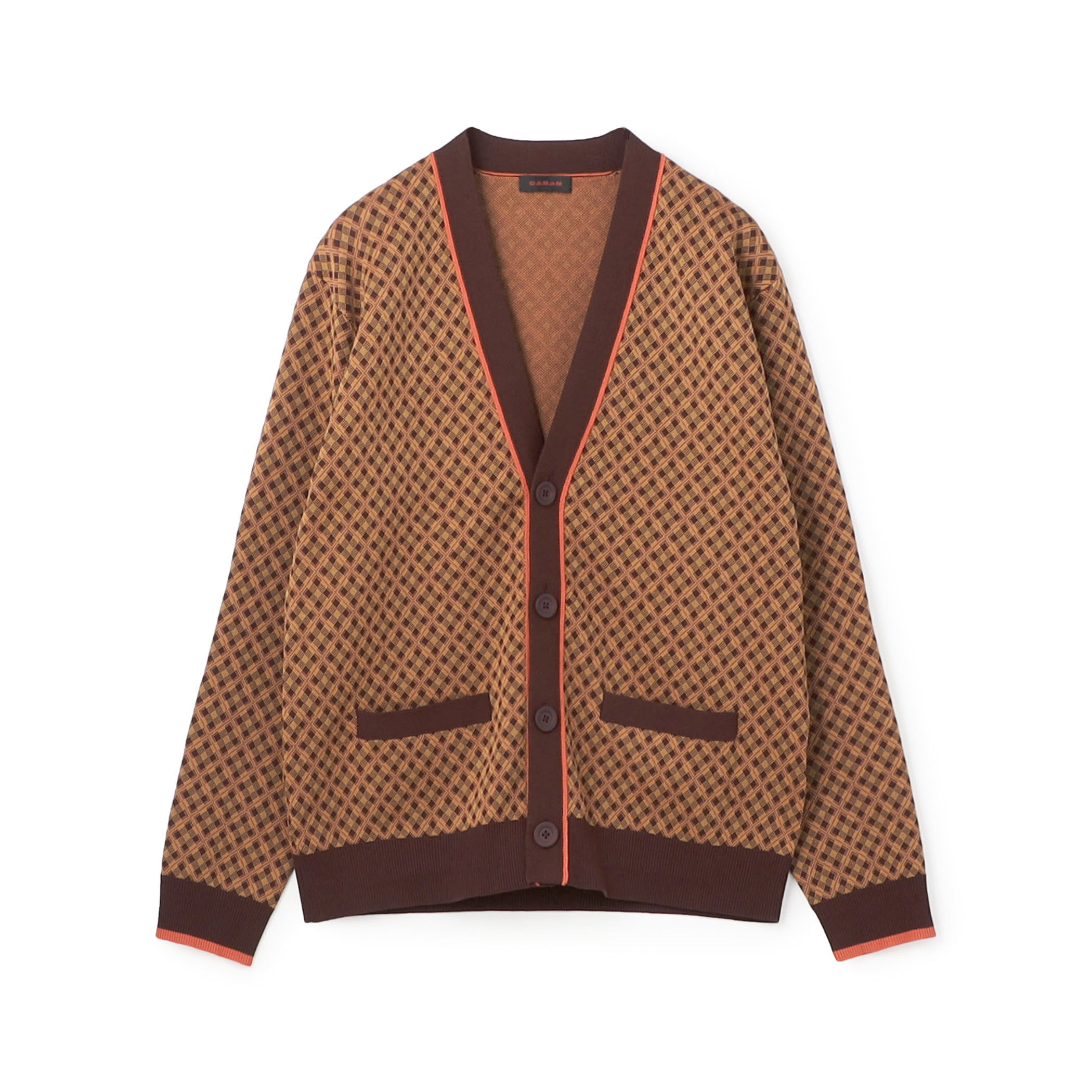 コットンポリエステル チェックジャカード Vネックカーディガン