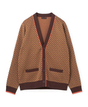 コットンポリエステル チェックジャカード Vネックカーディガン