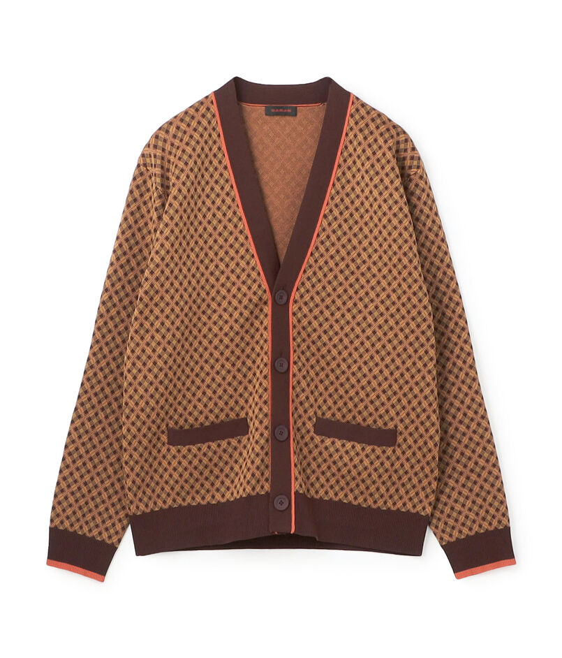 コットンポリエステル チェックジャカード Vネックカーディガン