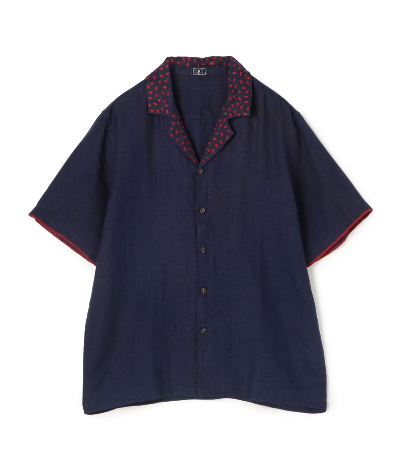 JUPE BY JACKIE Sasim Navy リネン エンブロイダリー オープンカラーシャツ
