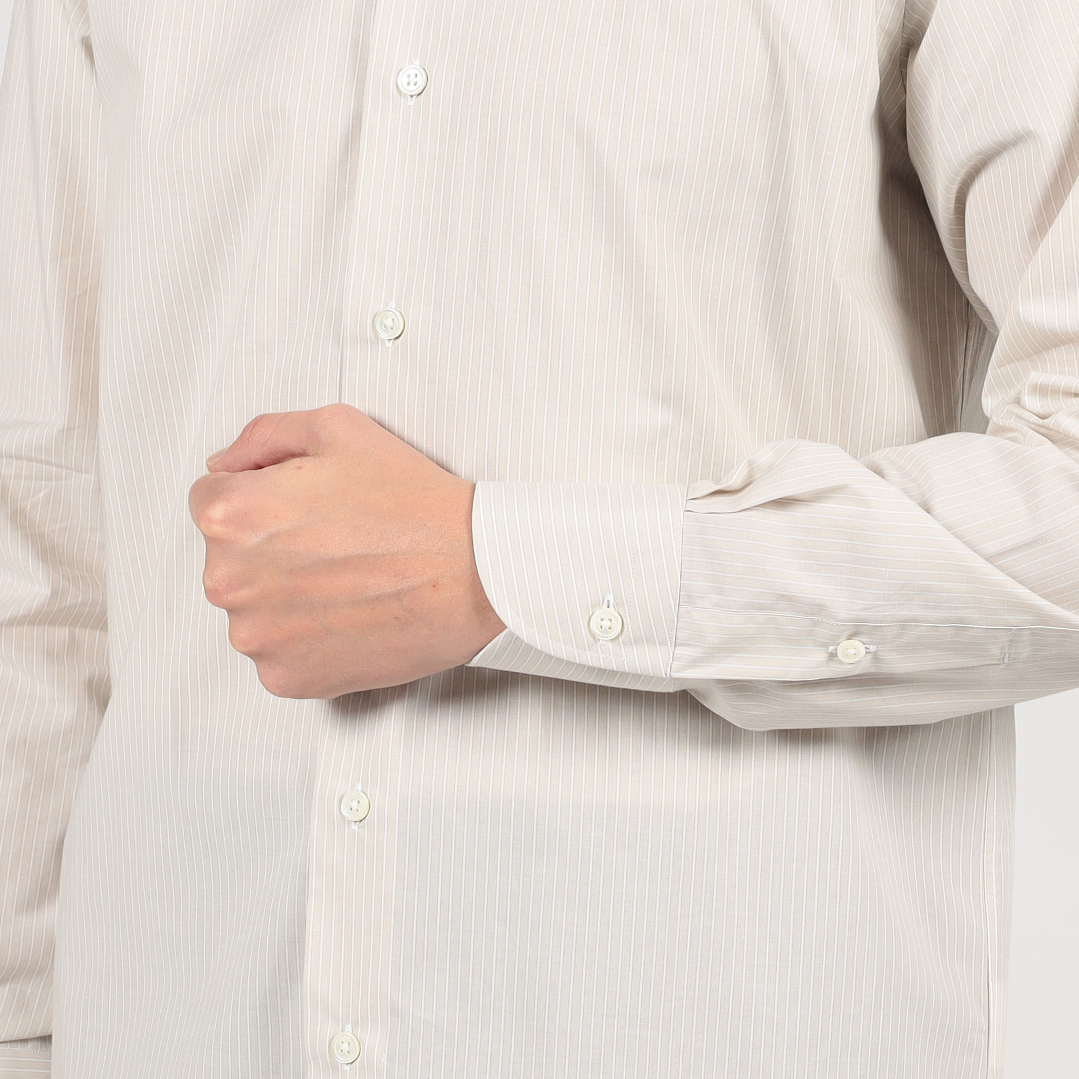 □コットン ワイドスプレッドカラー ストライプドレスシャツ