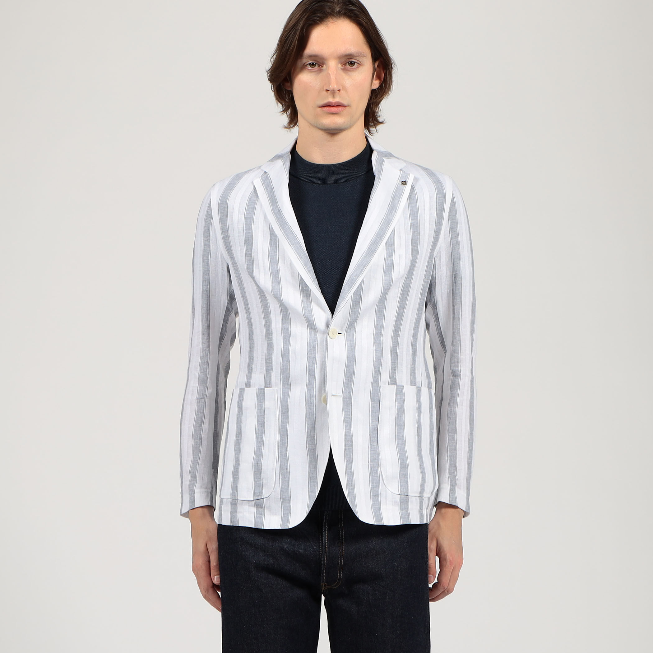 TAGLIATORE SAHARA ジャケット リネン ブルー ストライプ 46 TAGLIATORE G-LIGHT12K ストライプリネン シングルブレステッド2B