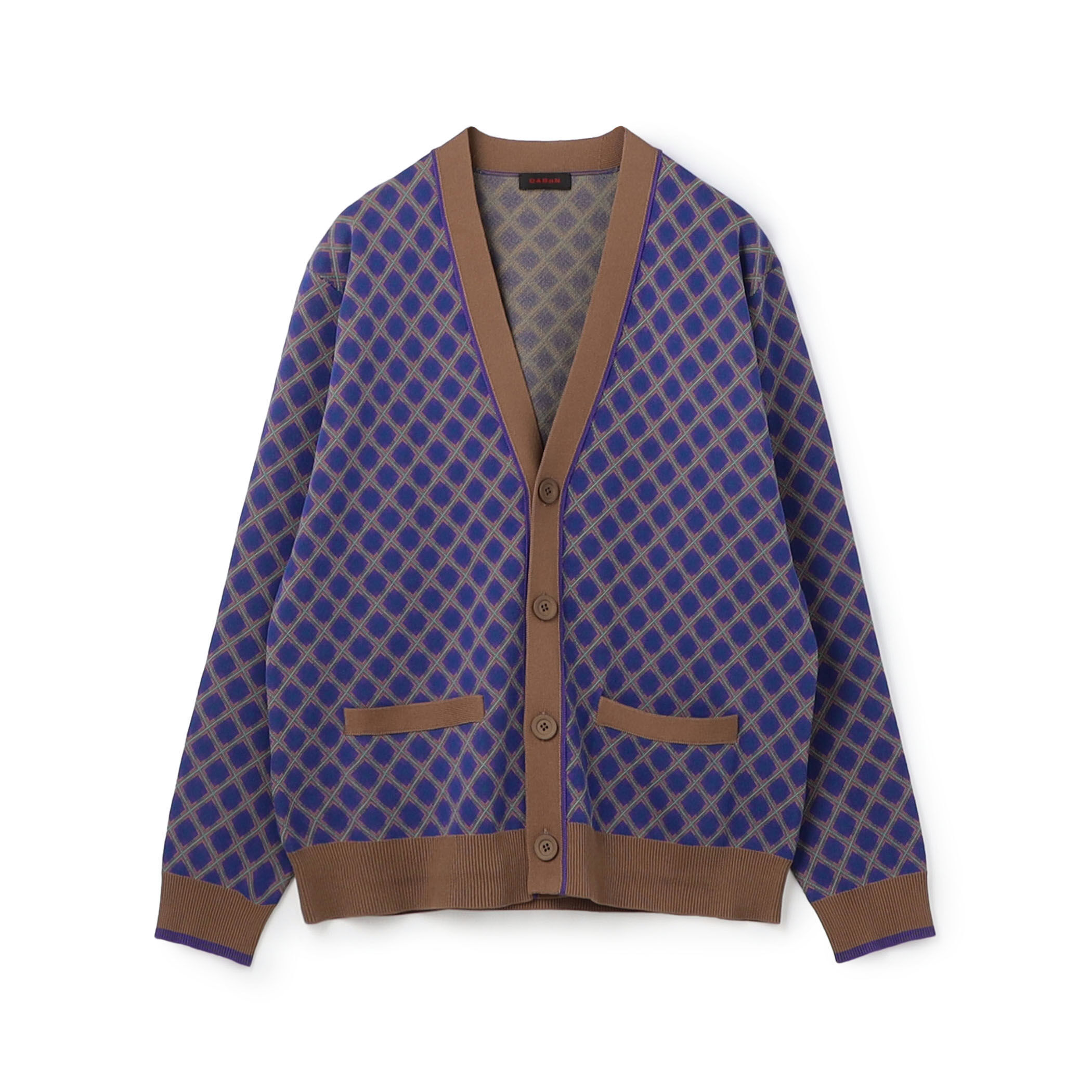 コットンポリエステル チェックジャカード Vネックカーディガン