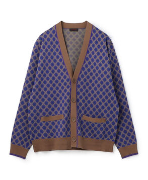 コットンポリエステル チェックジャカード Vネックカーディガン
