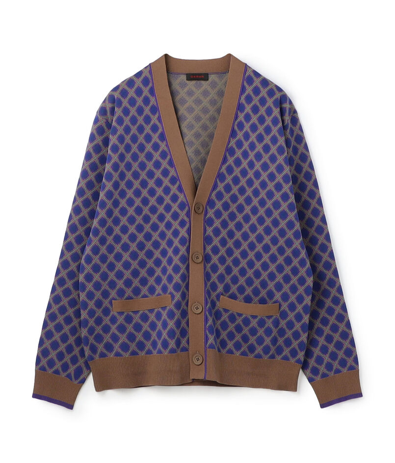 コットンポリエステル チェックジャカード Vネックカーディガン