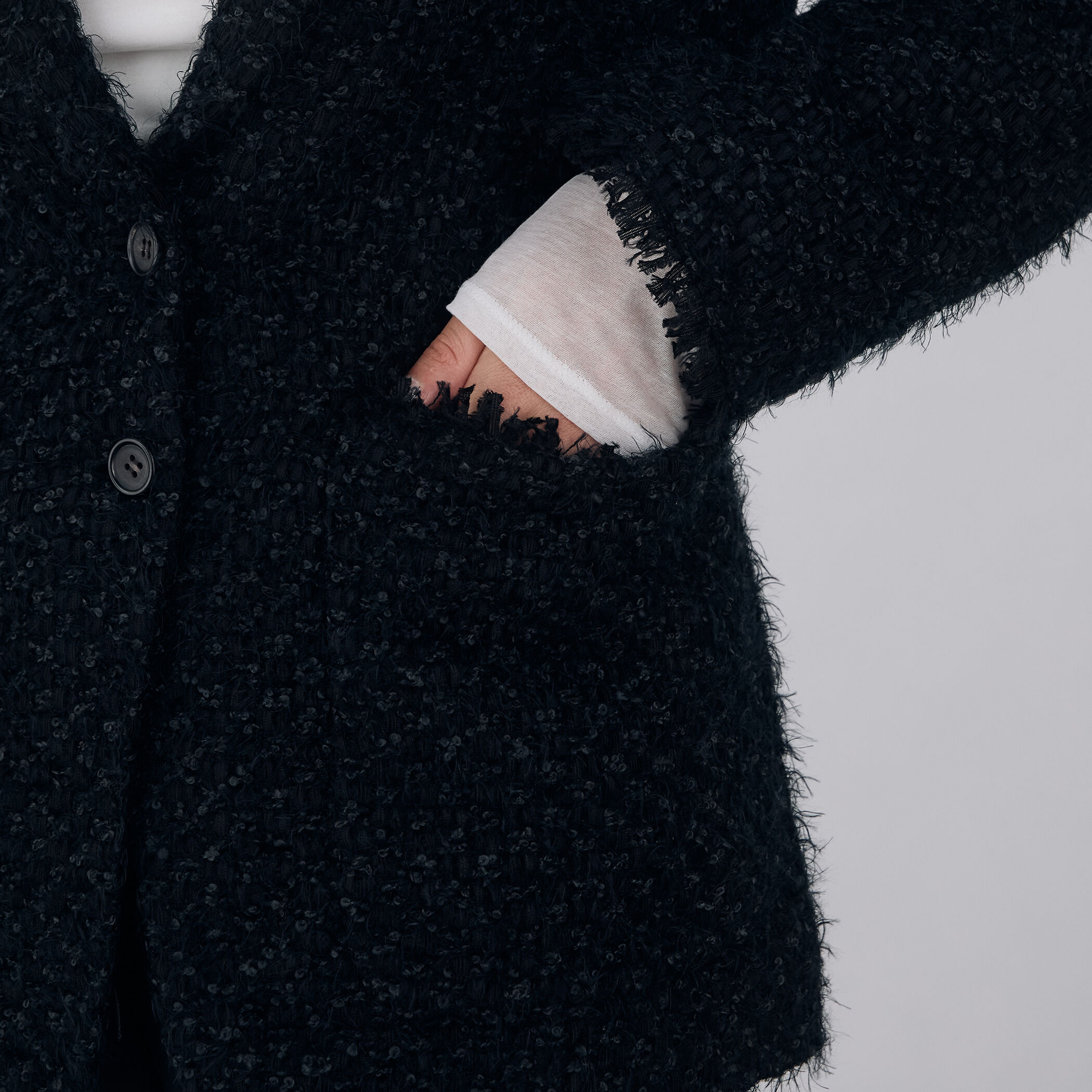 ヘアリーループツイード ショールカラージャケット｜トゥモローランド