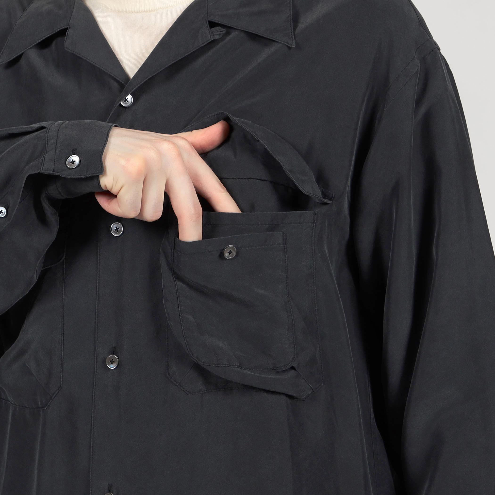 TOMORROWLAND.B マイクロタフタ ロングシャツ　ネイビー シルク オープンカラー ダブルポケット ロングスリーブシャツ